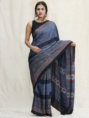 Indigo Black Red Ajrakh Hand Block Printed Modal Silk Saree - S031704123