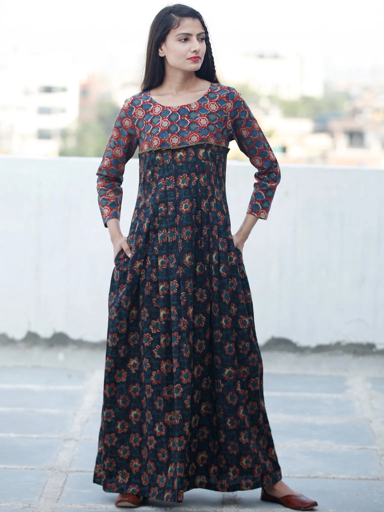 Indigo Black Rust Green Hand Block Printed Long Cotton Dress - D340F1820