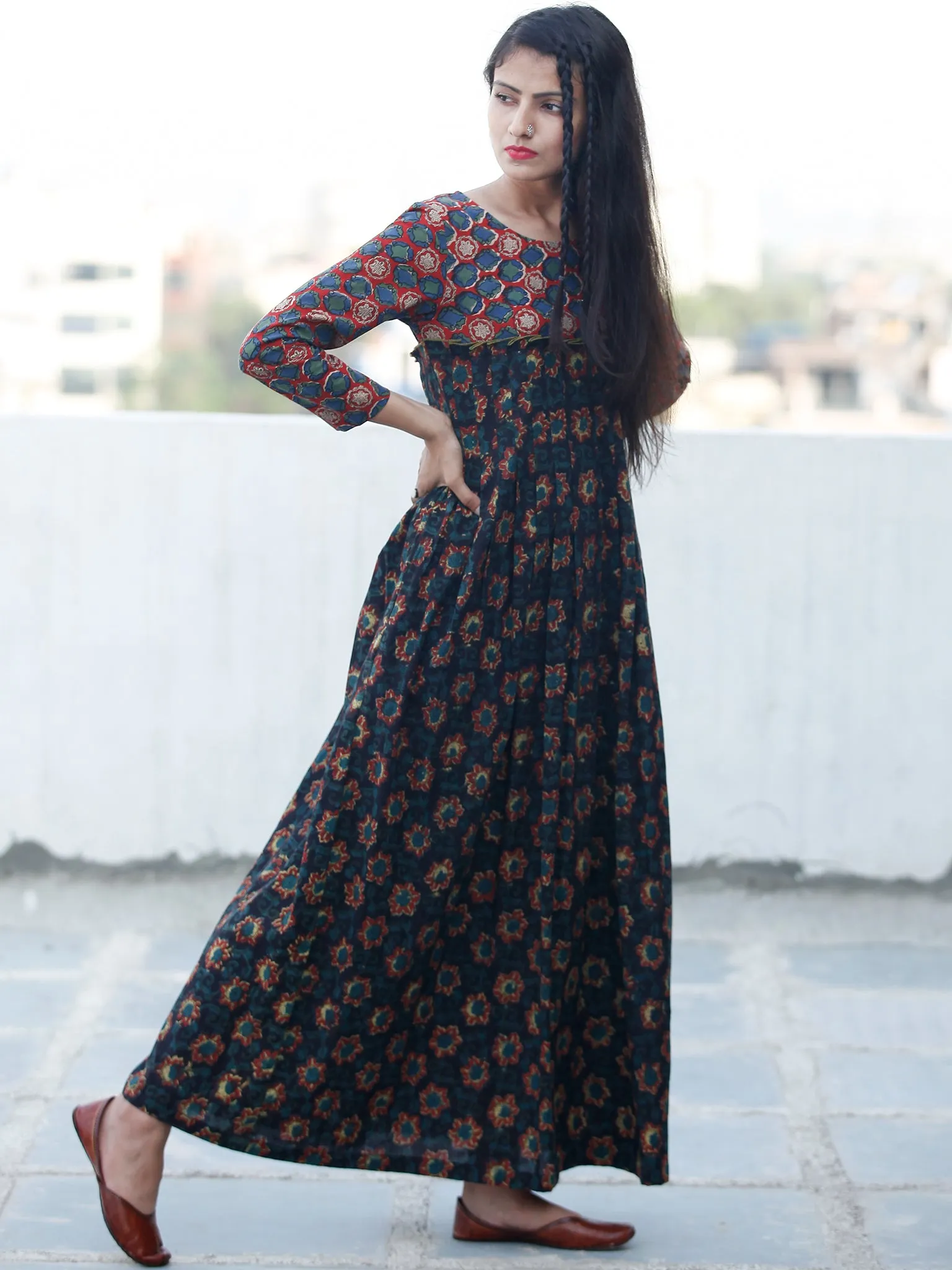 Indigo Black Rust Green Hand Block Printed Long Cotton Dress - D340F1820