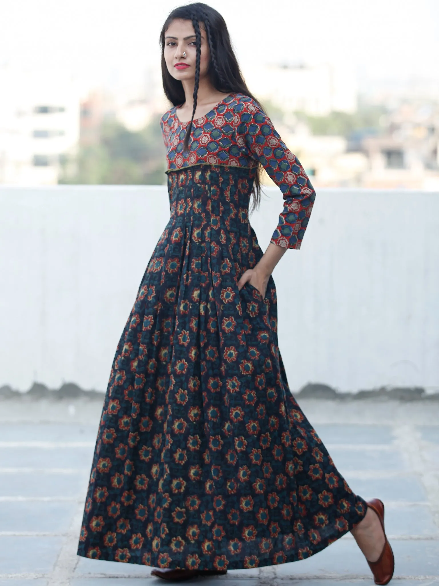 Indigo Black Rust Green Hand Block Printed Long Cotton Dress - D340F1820