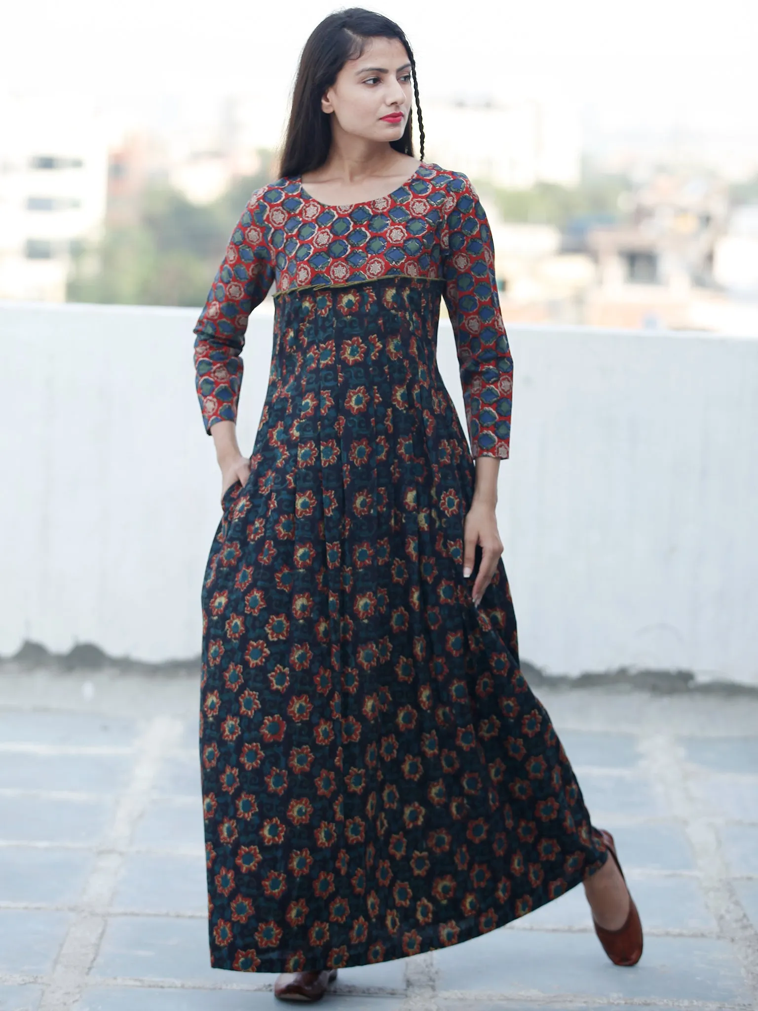 Indigo Black Rust Green Hand Block Printed Long Cotton Dress - D340F1820