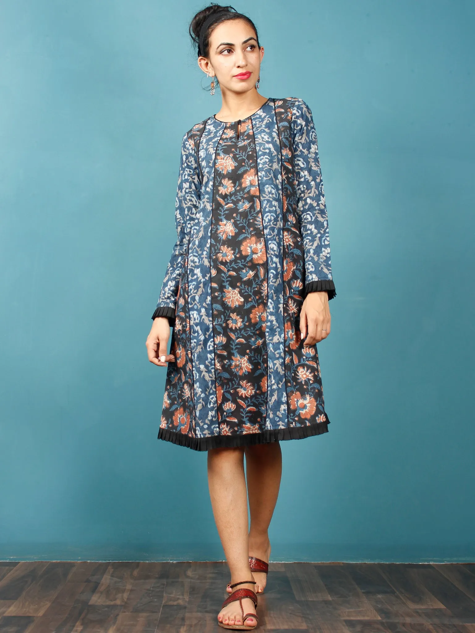 Indigo Black Rust Ivory Hand Block Printed Cotton Tunic Dress - D246F1399