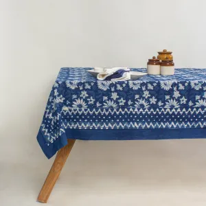 Indigo Blue Floral Printed Soft Cotton Dining Table Cover4 Seater