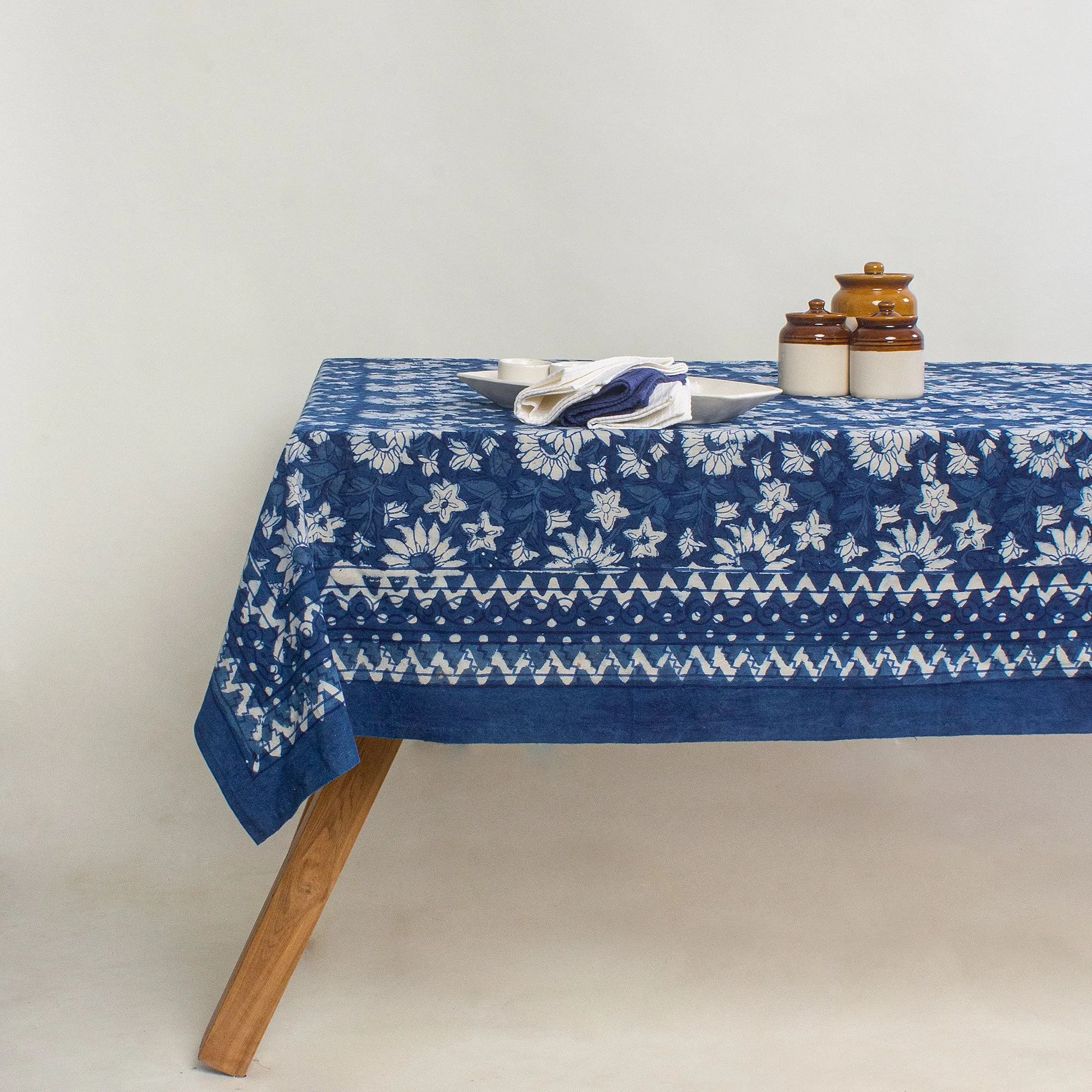 Indigo Blue Floral Printed Soft Cotton Dining Table Cover4 Seater