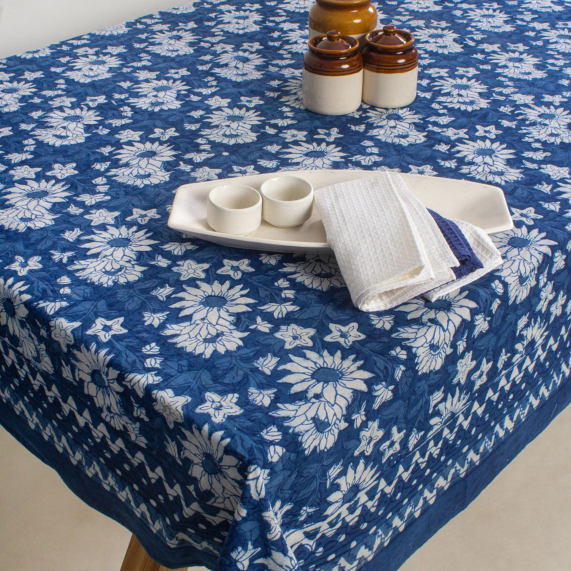 Indigo Blue Floral Printed Soft Cotton Dining Table Cover4 Seater