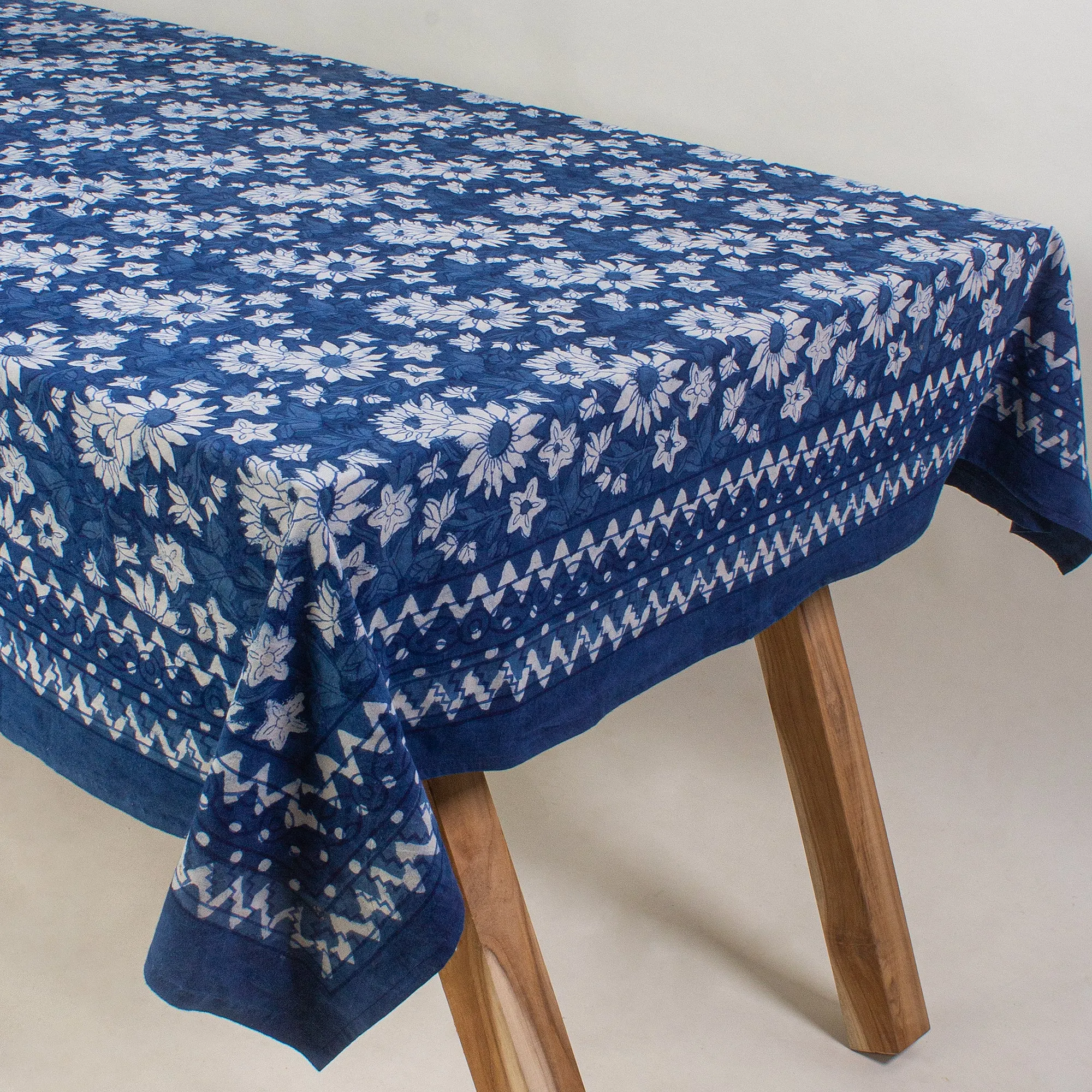 Indigo Blue Floral Printed Soft Cotton Dining Table Cover4 Seater