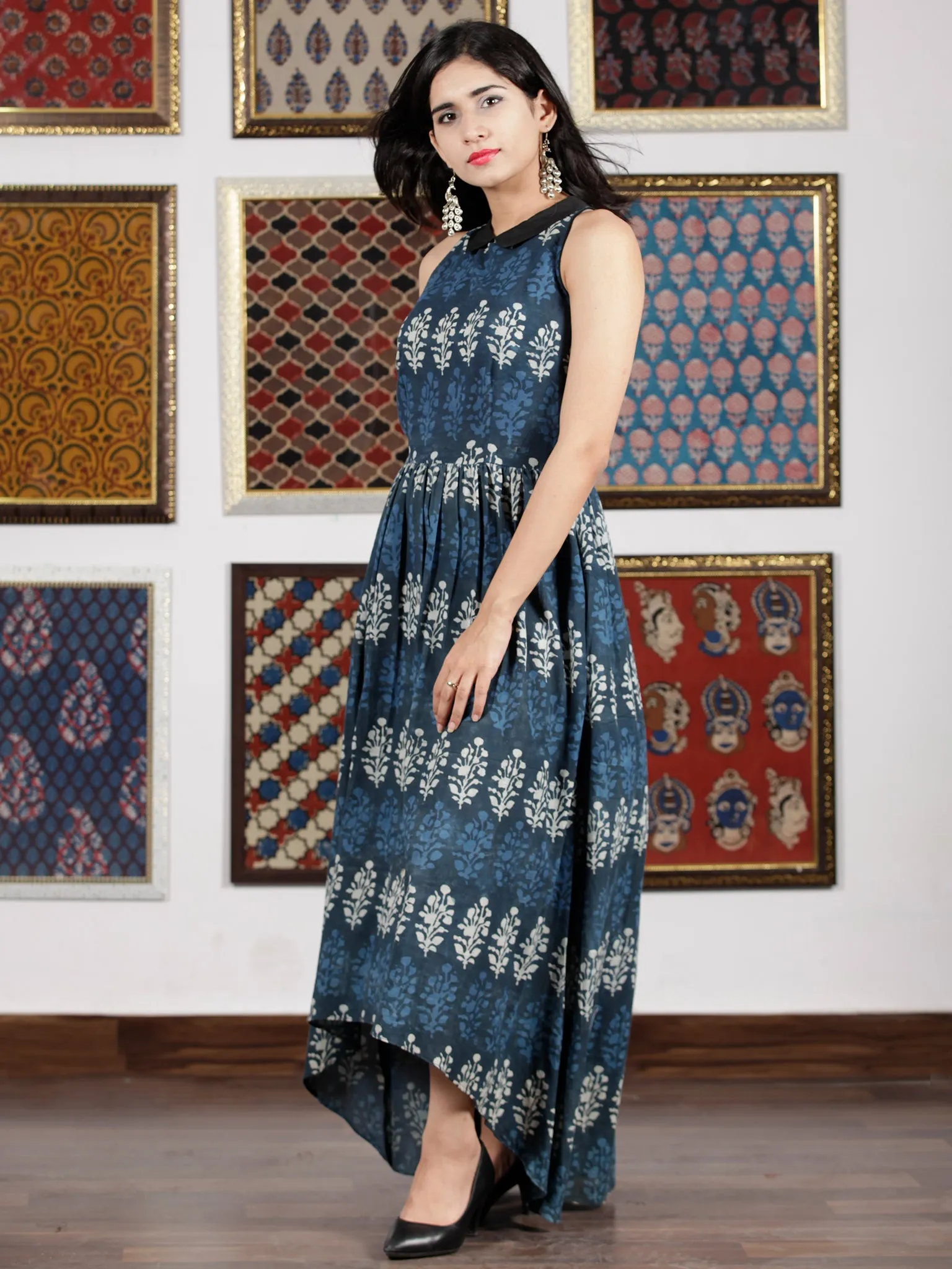 Indigo Blue White Hand Block Printed Cotton Asymmetric Dress With Shirt Collar - D263F772