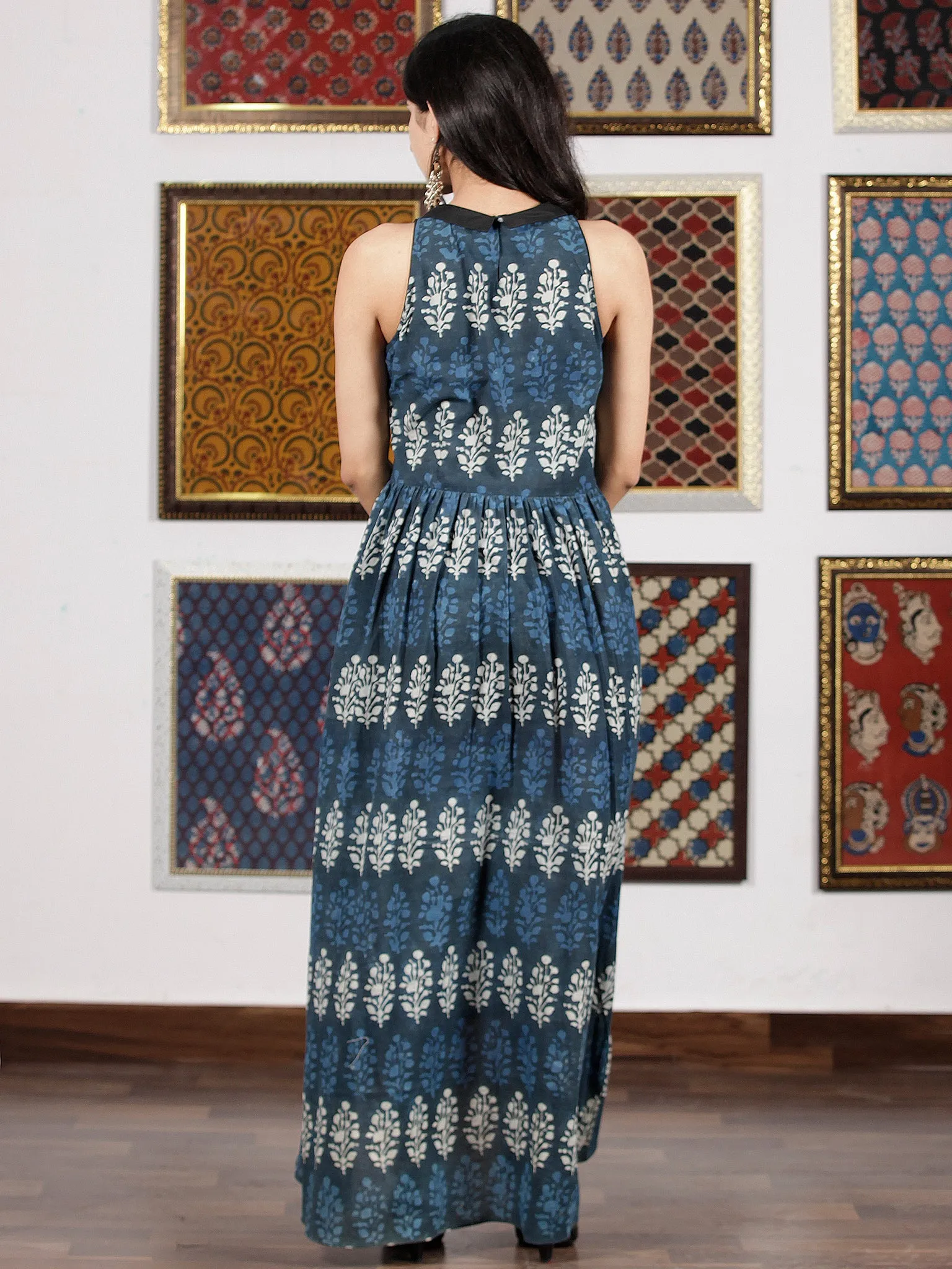 Indigo Blue White Hand Block Printed Cotton Asymmetric Dress With Shirt Collar - D263F772