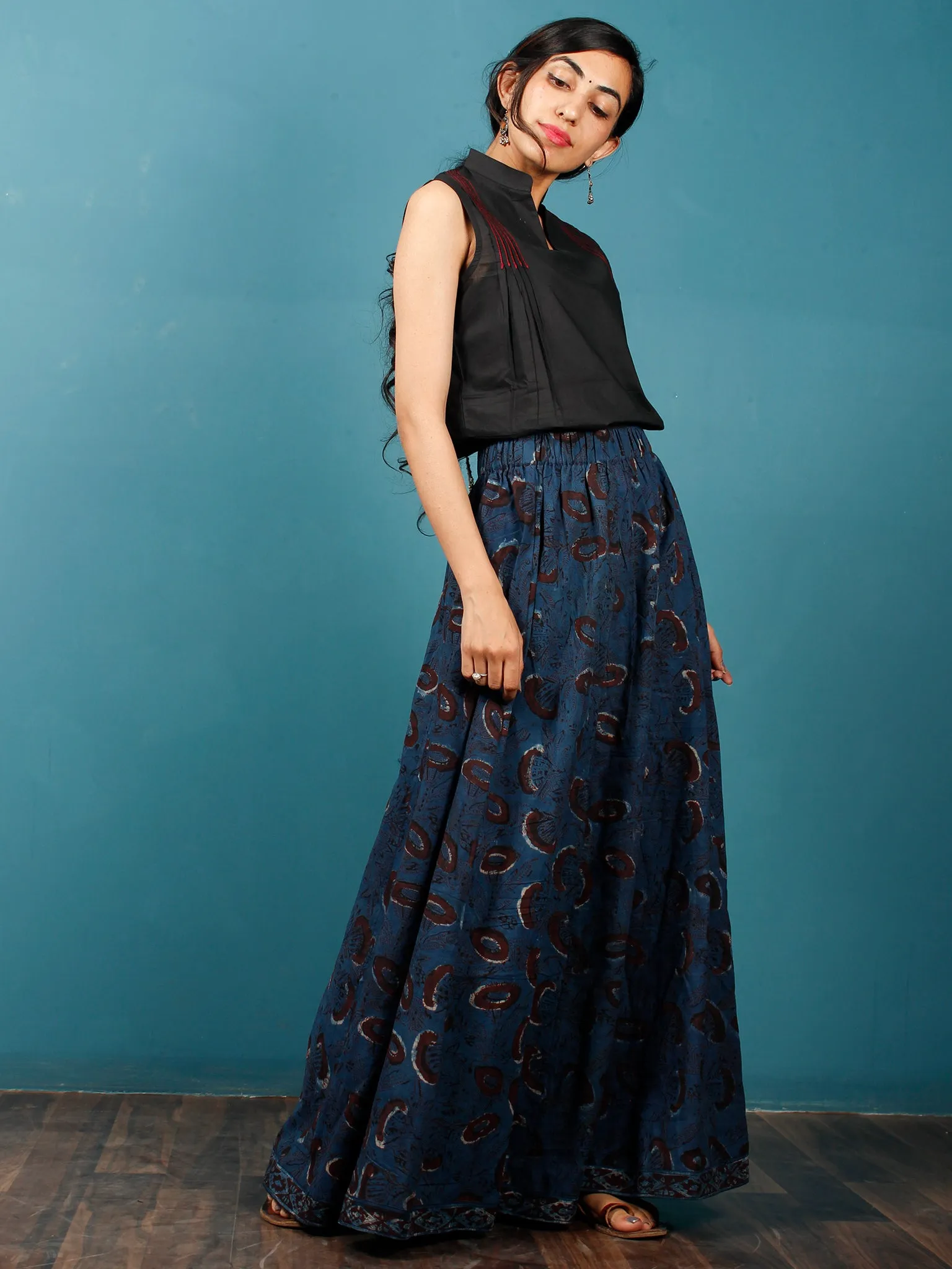 Indigo Brown Beige Hand Block Printed Skirt With Border - S40F373