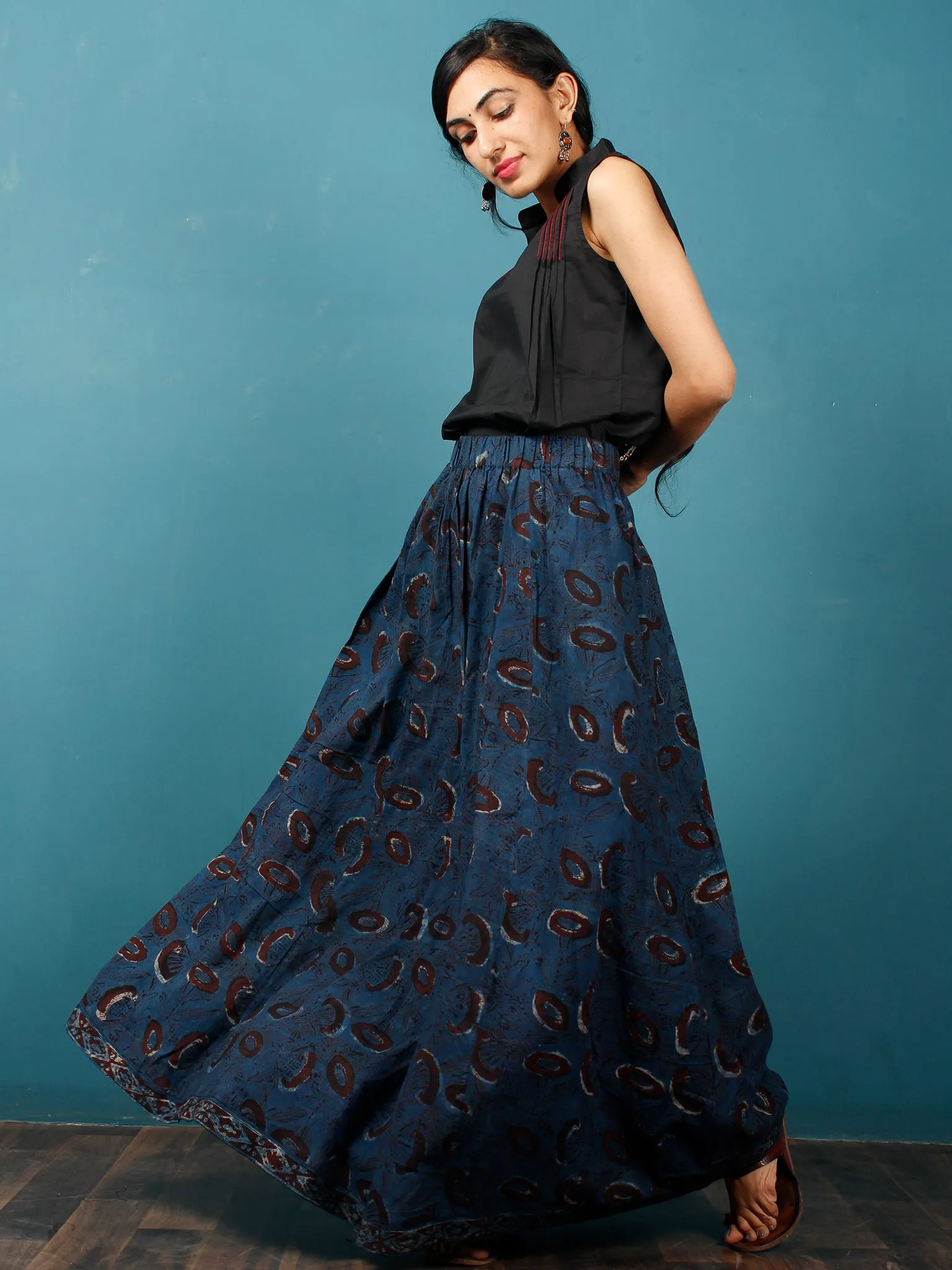 Indigo Brown Beige Hand Block Printed Skirt With Border - S40F373