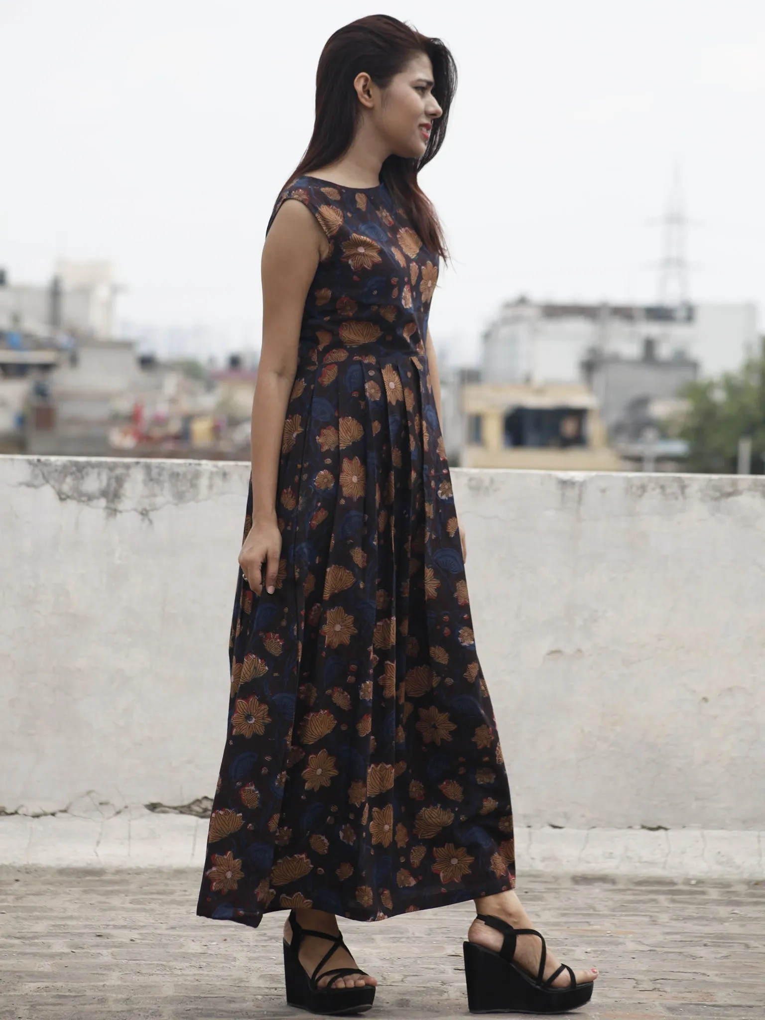 Indigo Brown Black Long Sleeveless Hand Block Printed Cotton Dress With Knife Pleats & Side Pockets - D32F984