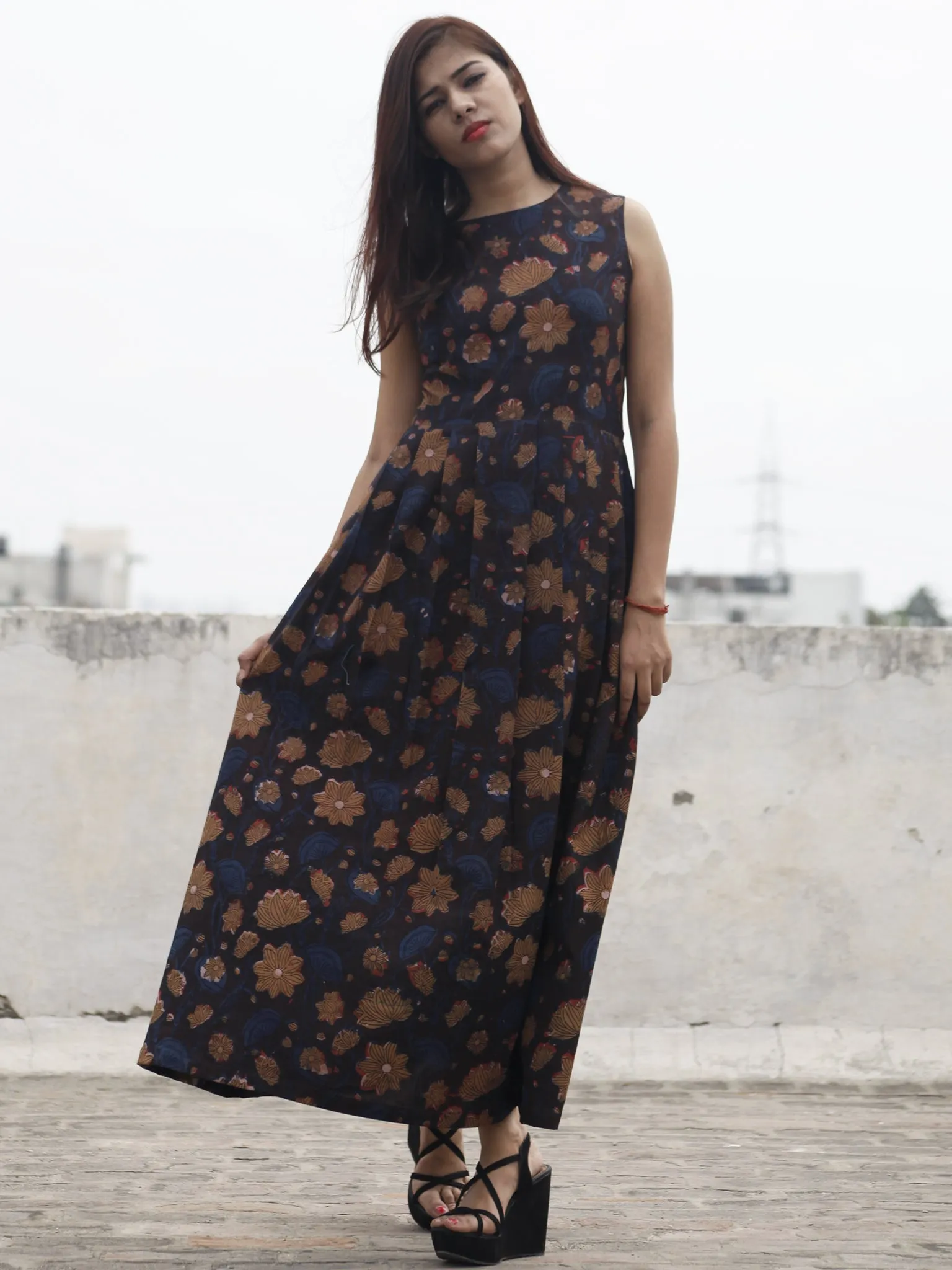 Indigo Brown Black Long Sleeveless Hand Block Printed Cotton Dress With Knife Pleats & Side Pockets - D32F984