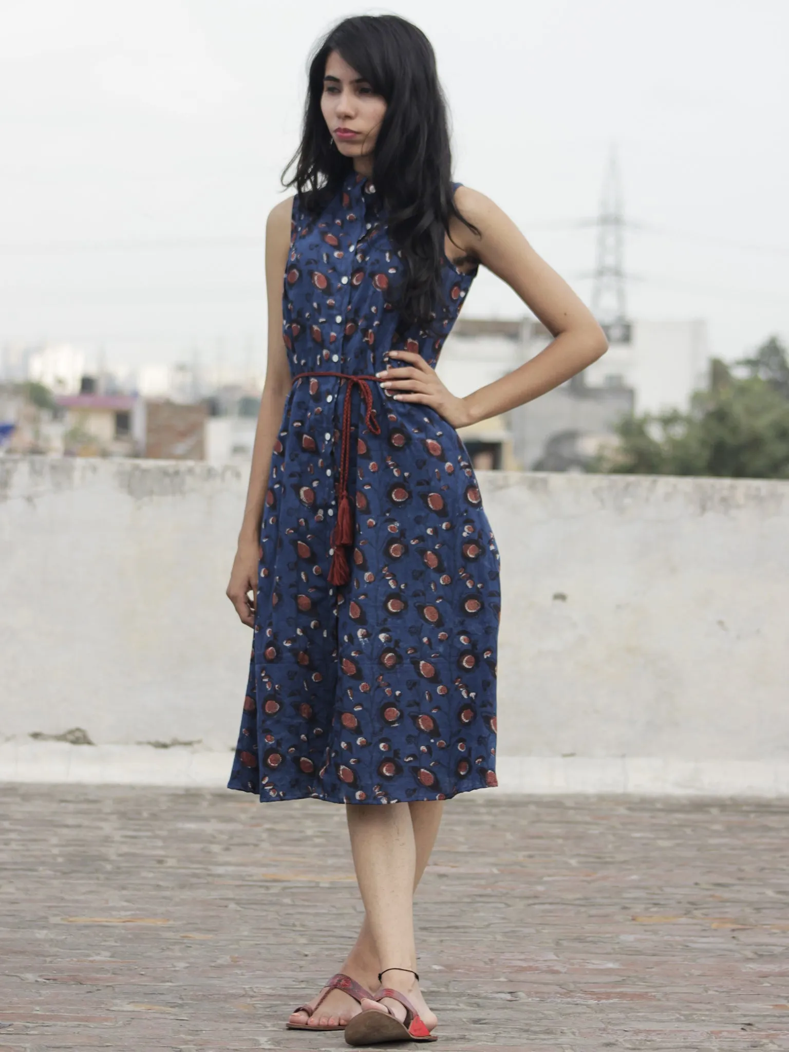 Indigo Brown Ivory Hand Block Printed Cotton Sleeveless Dress With Front Slit And Tie Up Waist - D89F883