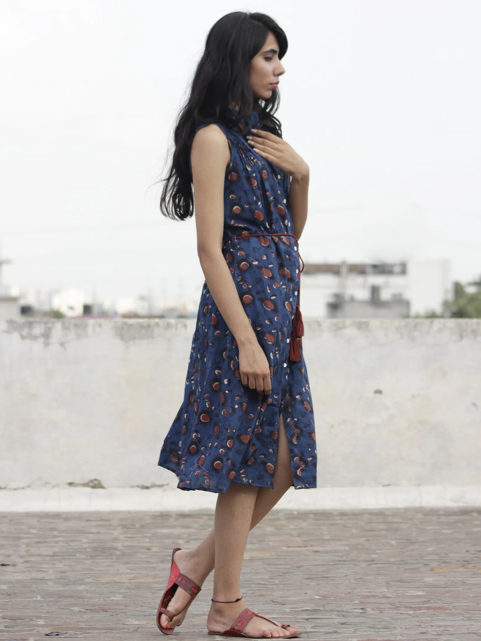 Indigo Brown Ivory Hand Block Printed Cotton Sleeveless Dress With Front Slit And Tie Up Waist - D89F883