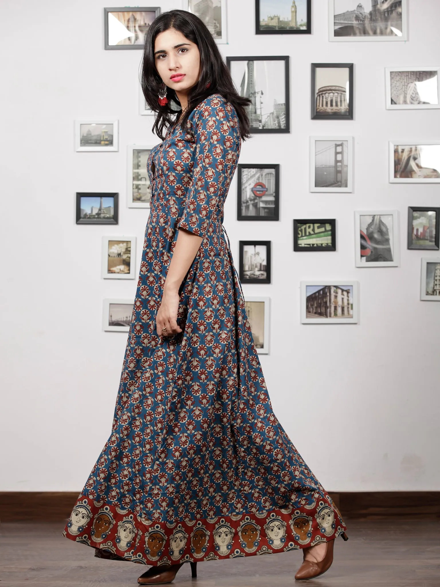 Indigo Brown Red Beige Hand Block Printed Long Cotton Dress With Back Knots & Kalamkari Border - D162F1485