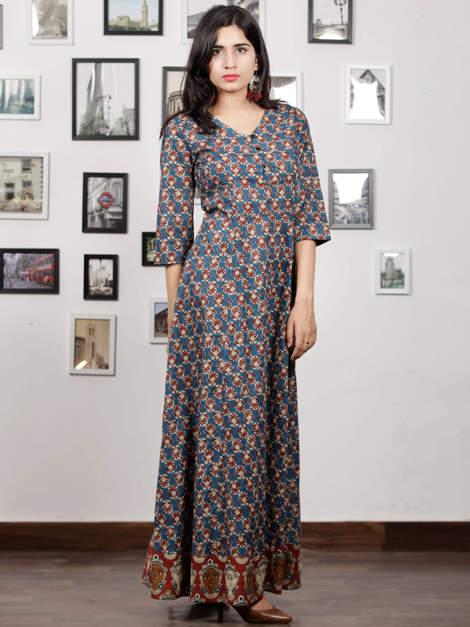 Indigo Brown Red Beige Hand Block Printed Long Cotton Dress With Back Knots & Kalamkari Border - D162F1485