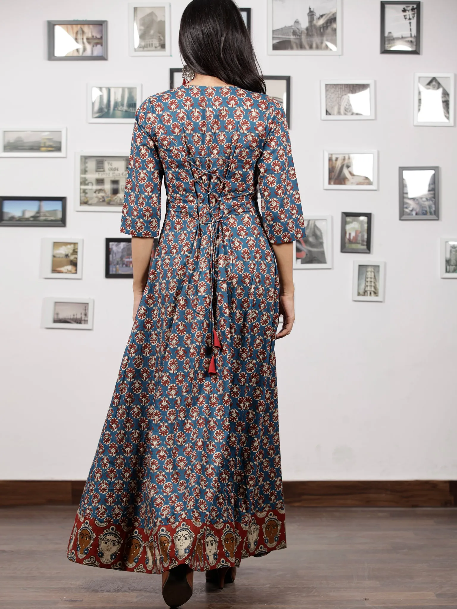 Indigo Brown Red Beige Hand Block Printed Long Cotton Dress With Back Knots & Kalamkari Border - D162F1485