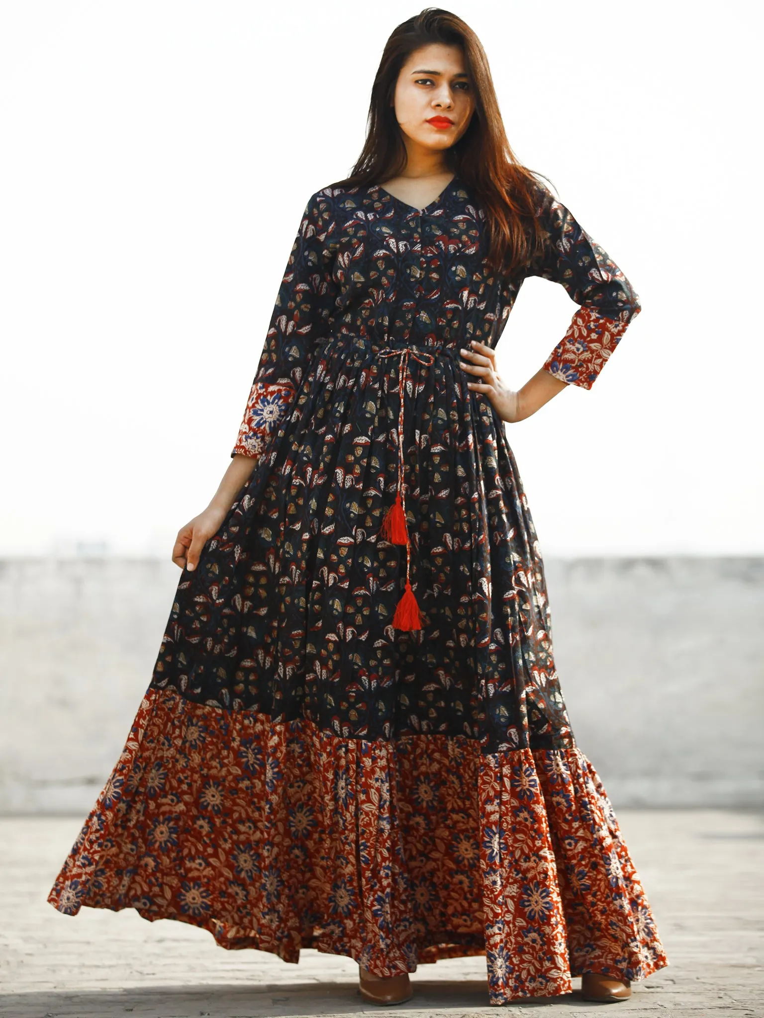 Indigo Brown Red Hand Block Printed Long Cotton Tie Up Waist Dress -  D170F1139