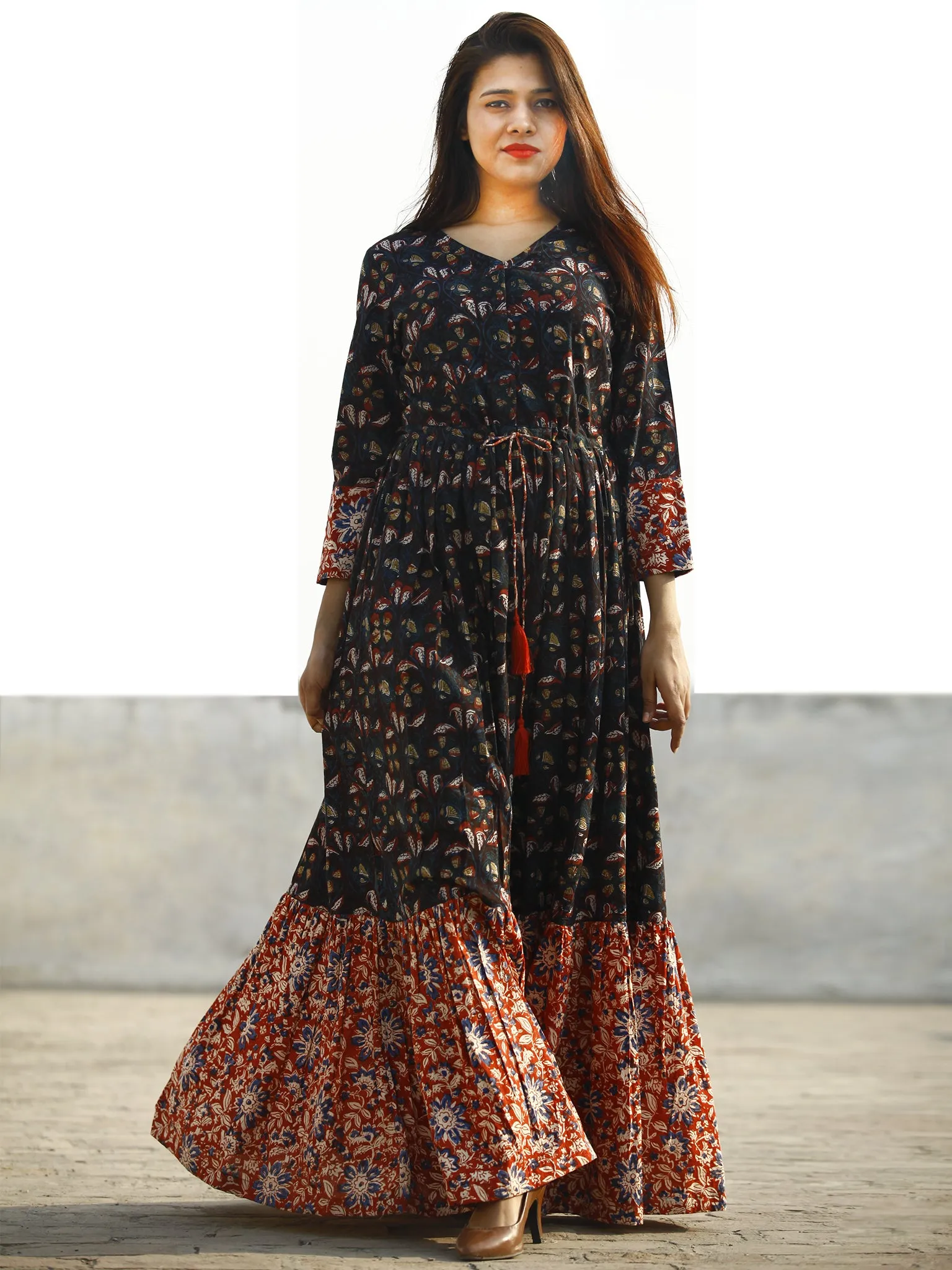 Indigo Brown Red Hand Block Printed Long Cotton Tie Up Waist Dress -  D170F1139