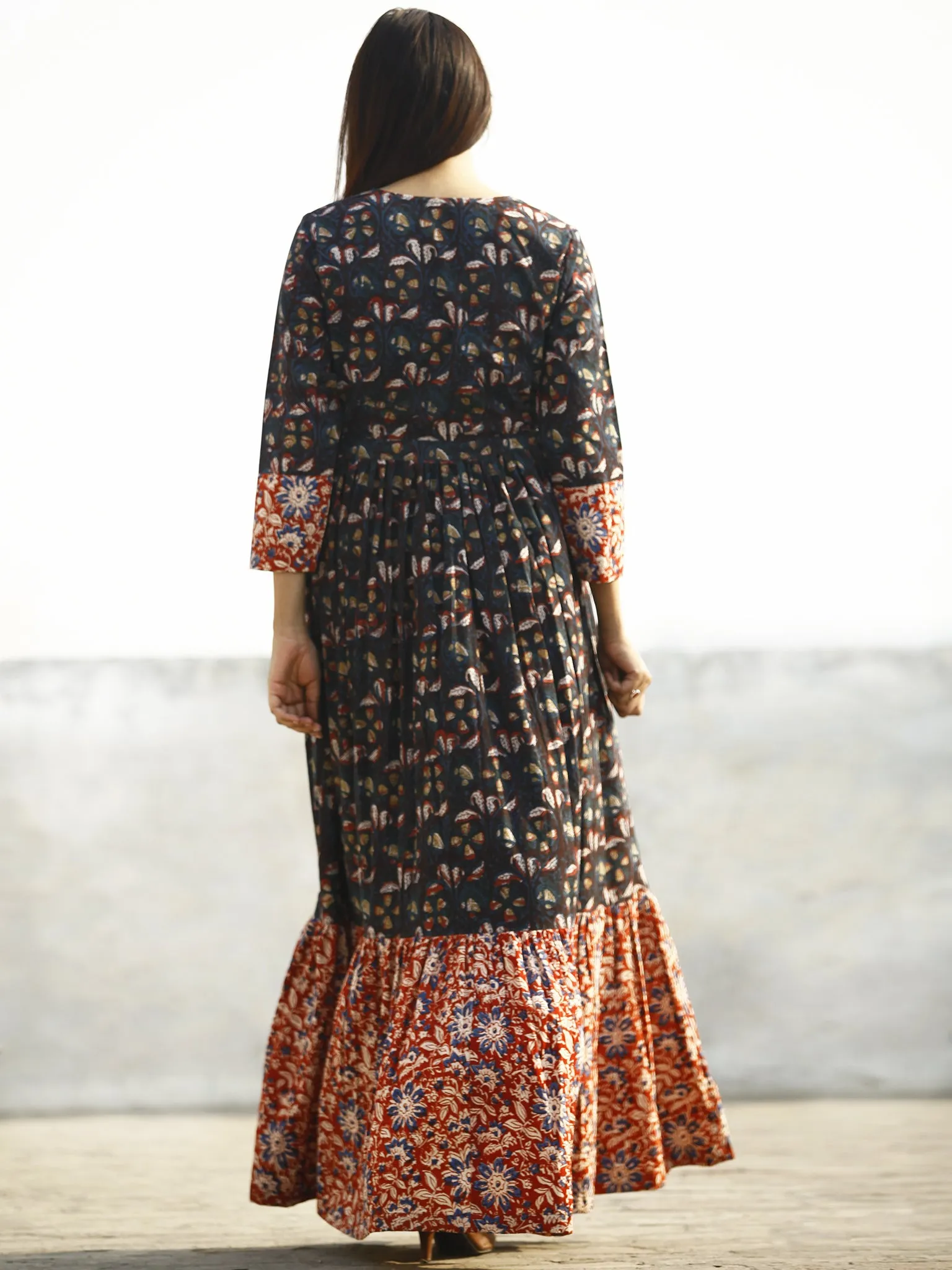 Indigo Brown Red Hand Block Printed Long Cotton Tie Up Waist Dress -  D170F1139