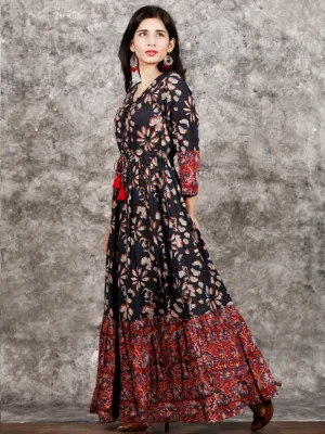 Indigo Brown Red Hand Block Printed Long Cotton Tie Up Waist Dress -  D170F1352