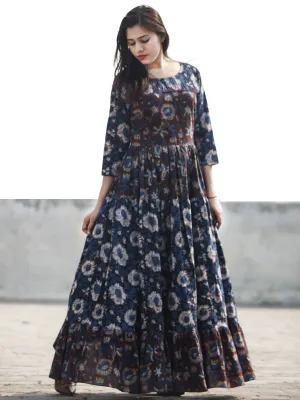 Indigo Brown Rust Long Hand Block Printed Cotton Tier Dress With Pintucks  - D180F613