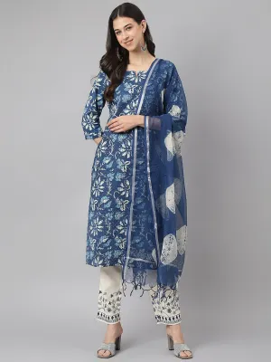 Indigo Floral Cotton Kurta Pant Set With Dupatta