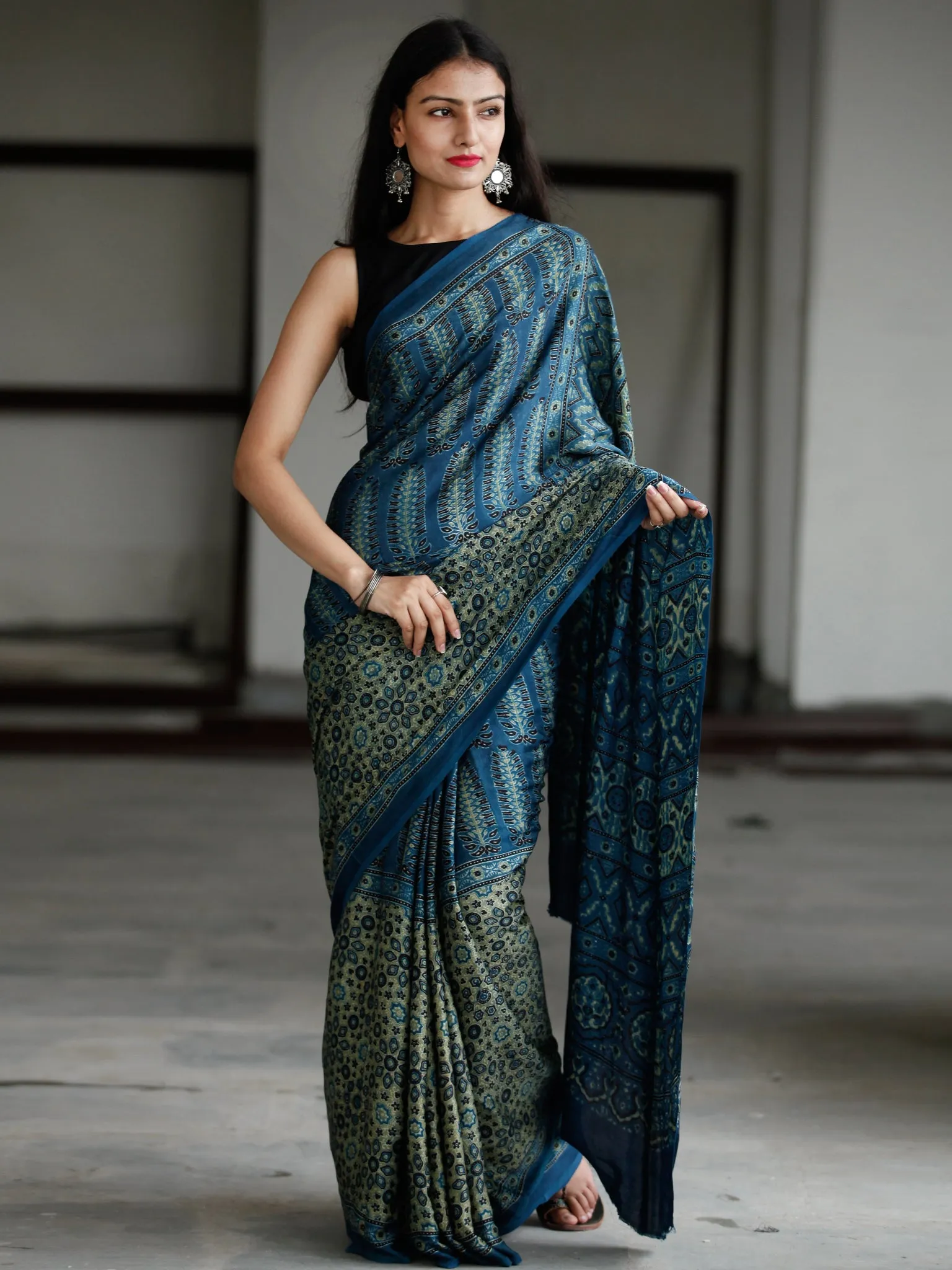 Indigo Green Black Ivory Ajrakh Hand Block Printed Modal Silk Saree in Natural Colors - S031703735