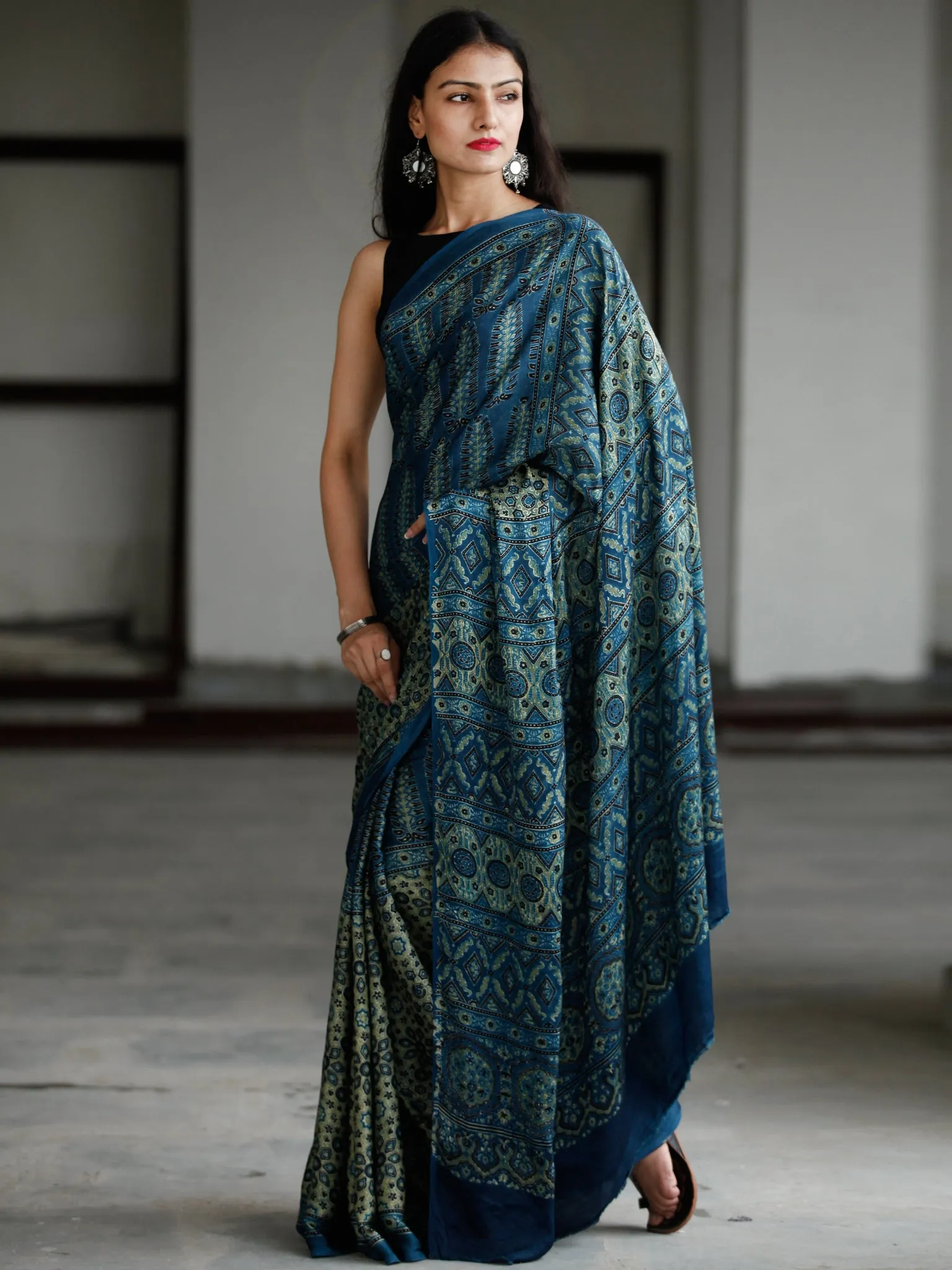 Indigo Green Black Ivory Ajrakh Hand Block Printed Modal Silk Saree in Natural Colors - S031703735