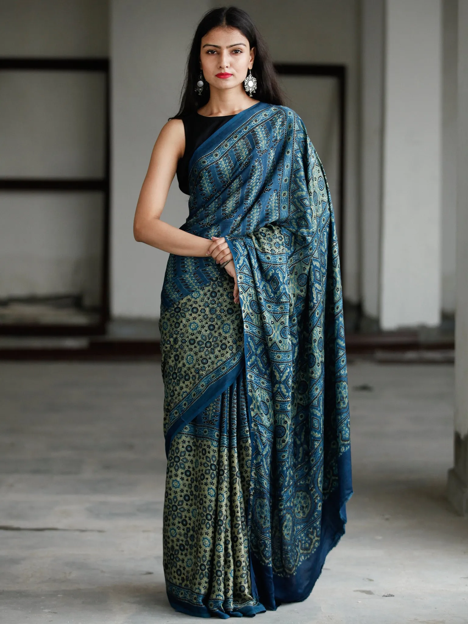 Indigo Green Black Ivory Ajrakh Hand Block Printed Modal Silk Saree in Natural Colors - S031703735