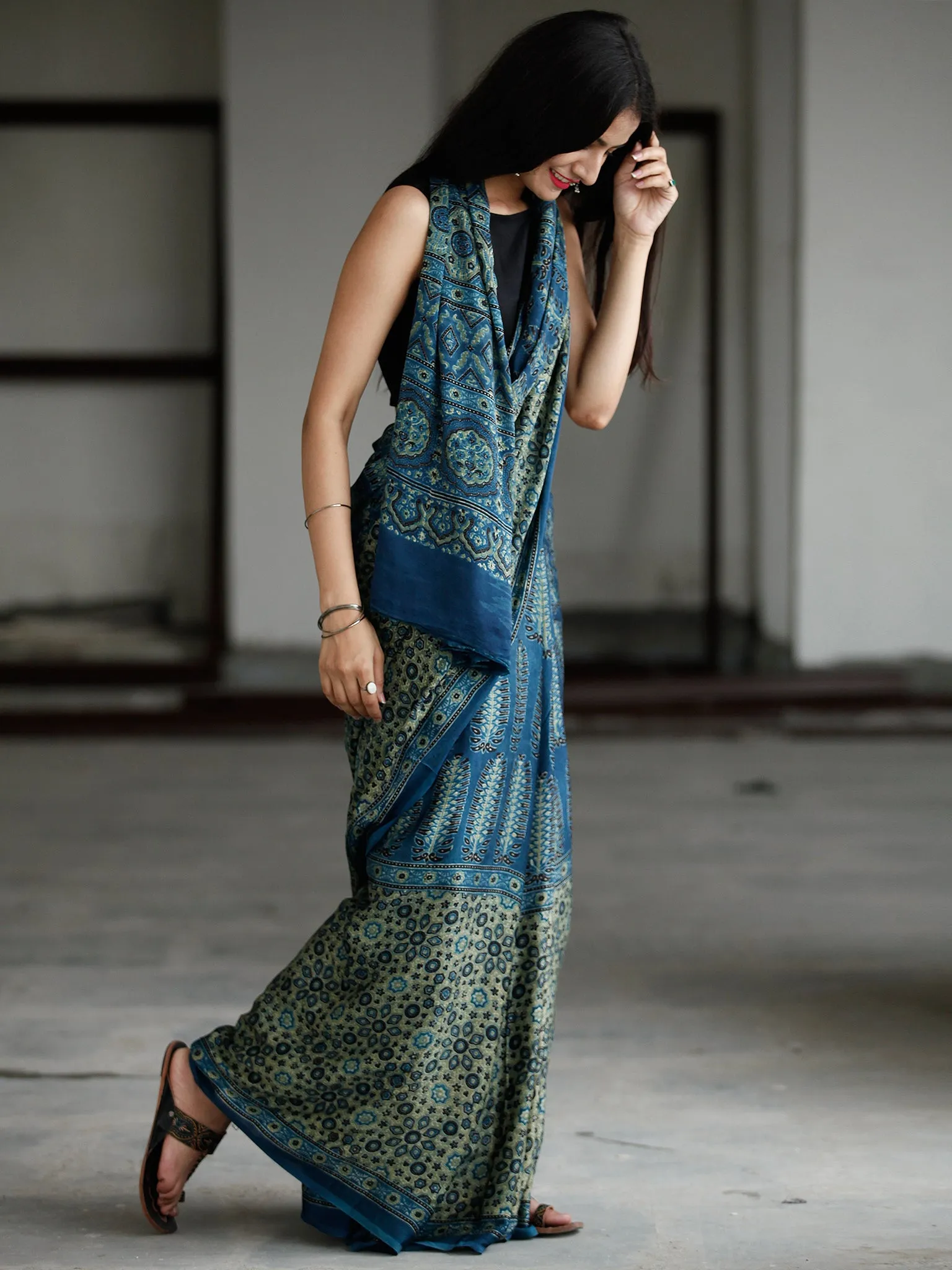 Indigo Green Black Ivory Ajrakh Hand Block Printed Modal Silk Saree in Natural Colors - S031703735