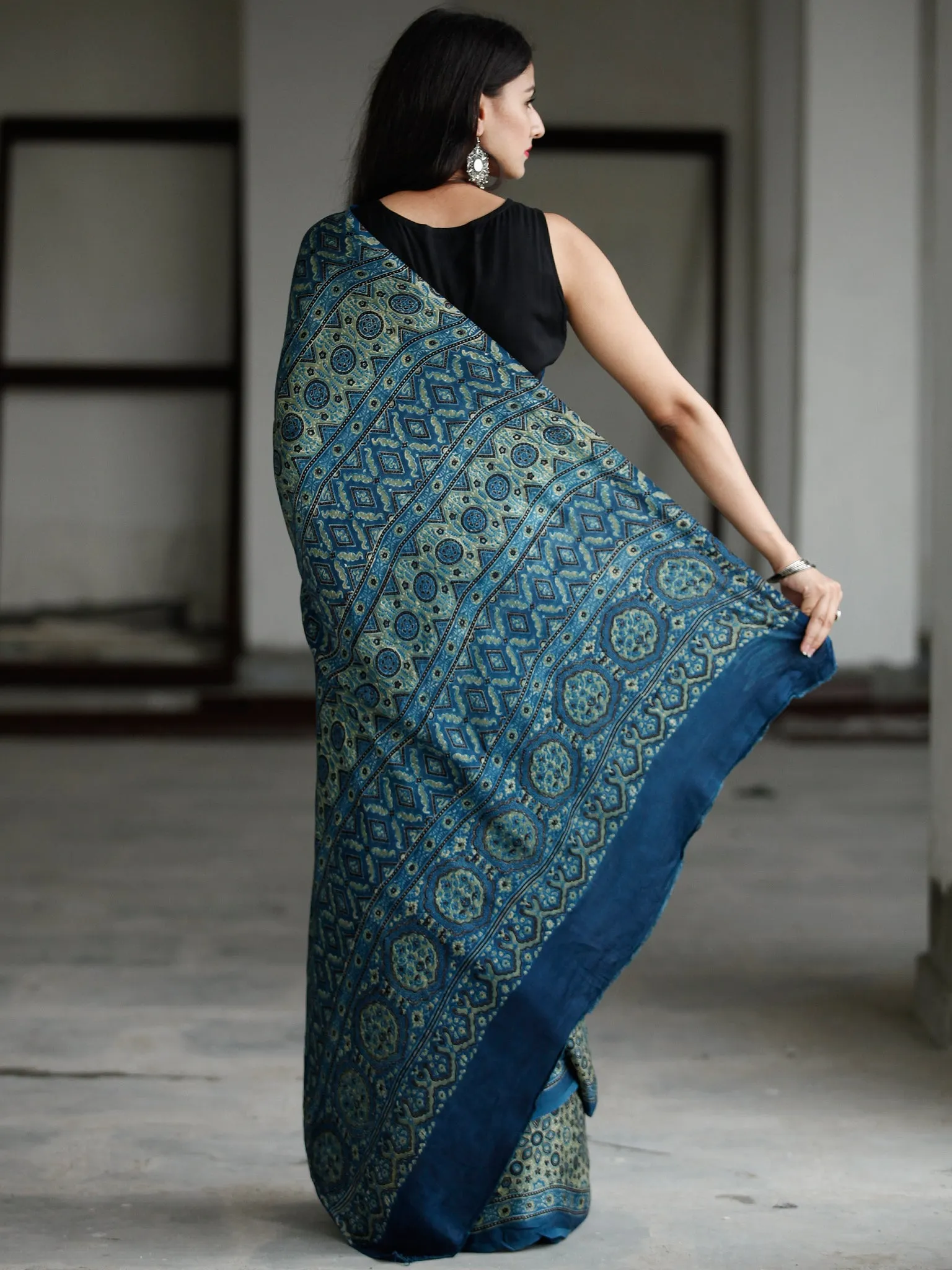 Indigo Green Black Ivory Ajrakh Hand Block Printed Modal Silk Saree in Natural Colors - S031703735