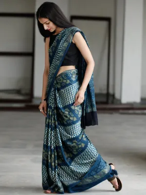 Indigo Green Ivory Ajrakh Hand Block Printed Modal Silk Saree in Natural Colors - S031703732