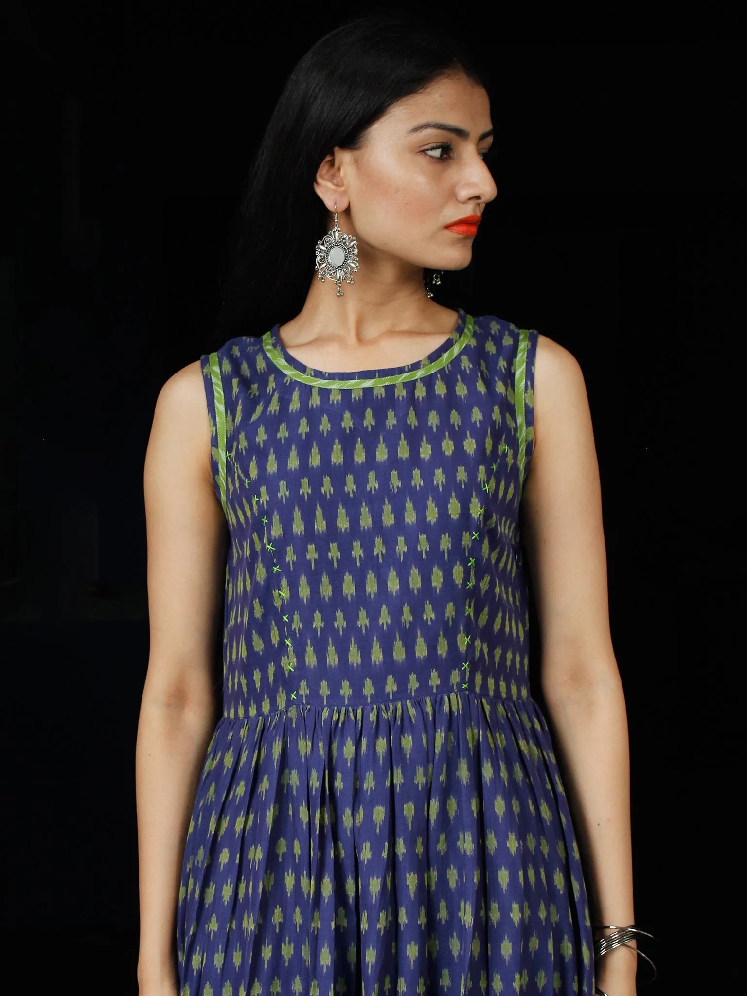 Indigo Green Ivory Hand Woven Ikat Asymmetric Sleeveless Dress - D311F1744