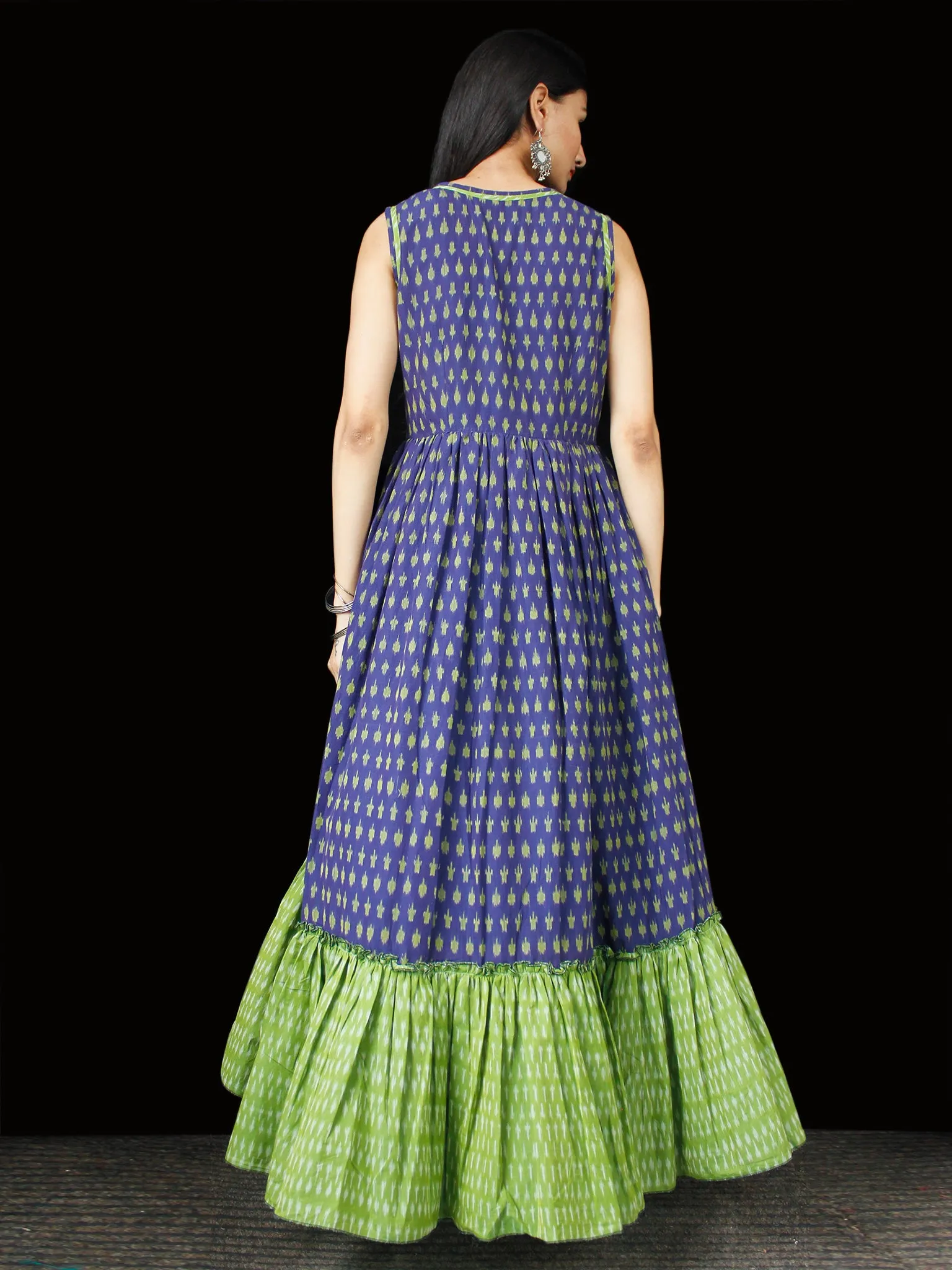 Indigo Green Ivory Hand Woven Ikat Asymmetric Sleeveless Dress - D311F1744