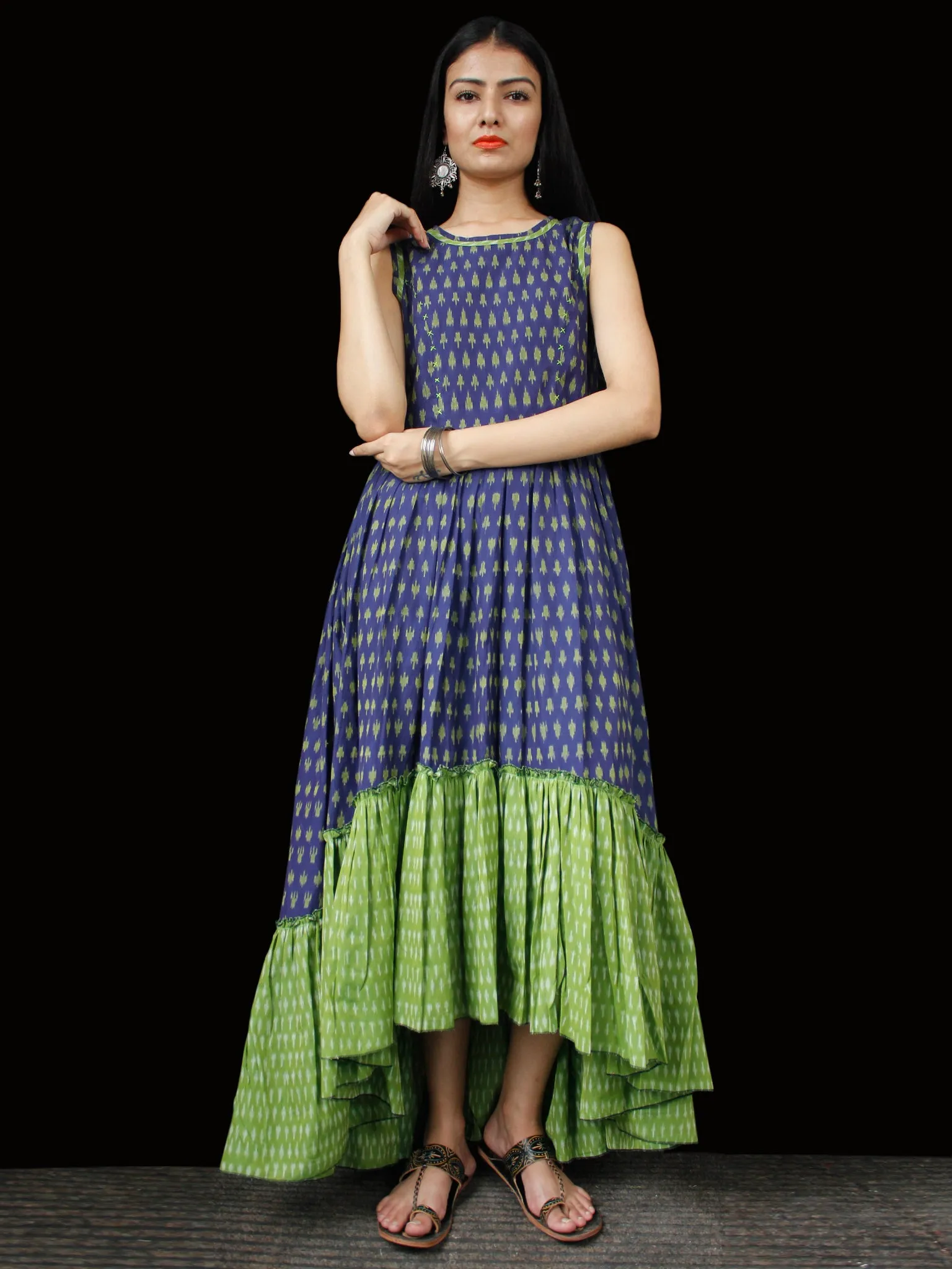 Indigo Green Ivory Hand Woven Ikat Asymmetric Sleeveless Dress - D311F1744