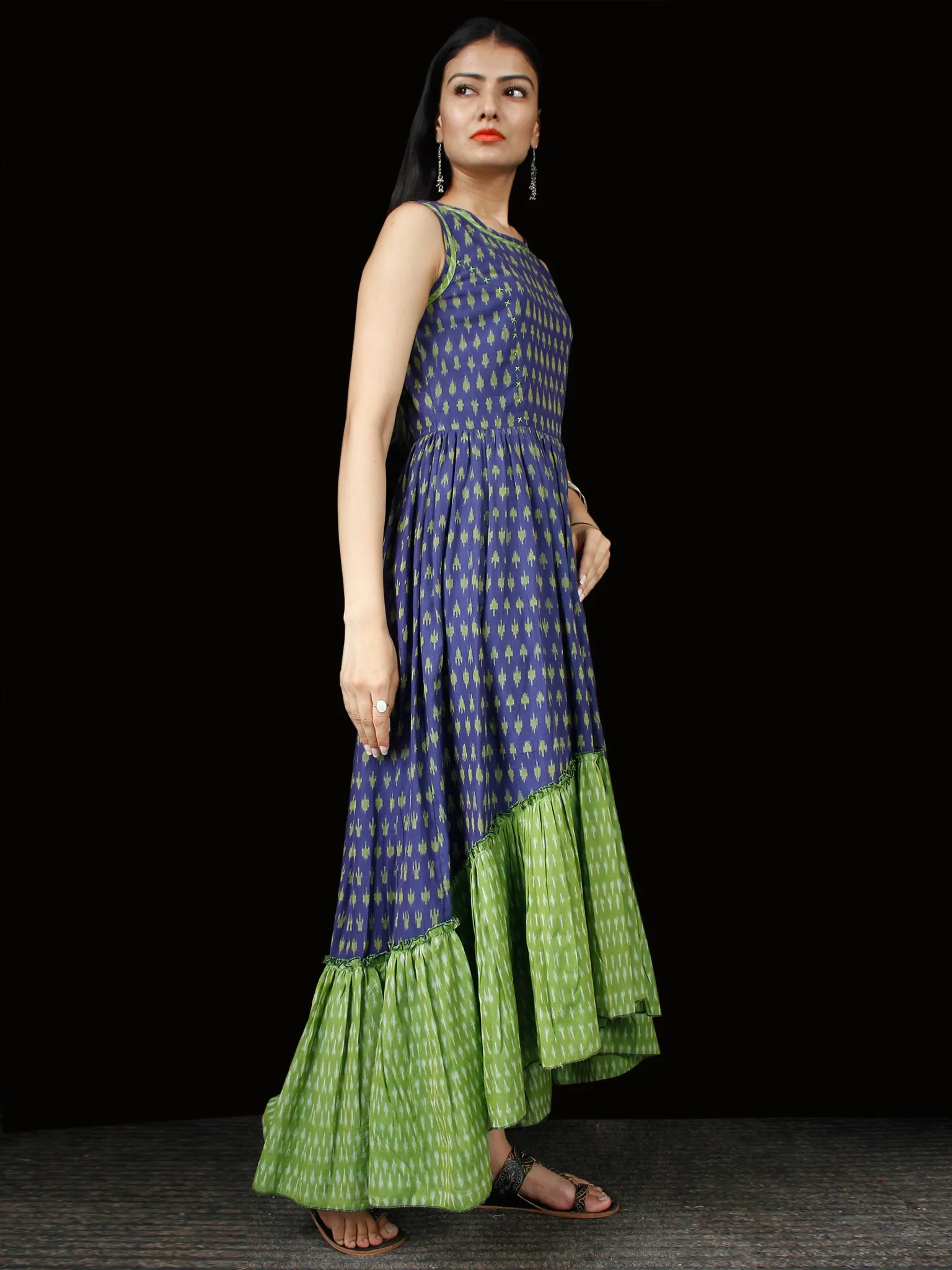 Indigo Green Ivory Hand Woven Ikat Asymmetric Sleeveless Dress - D311F1744