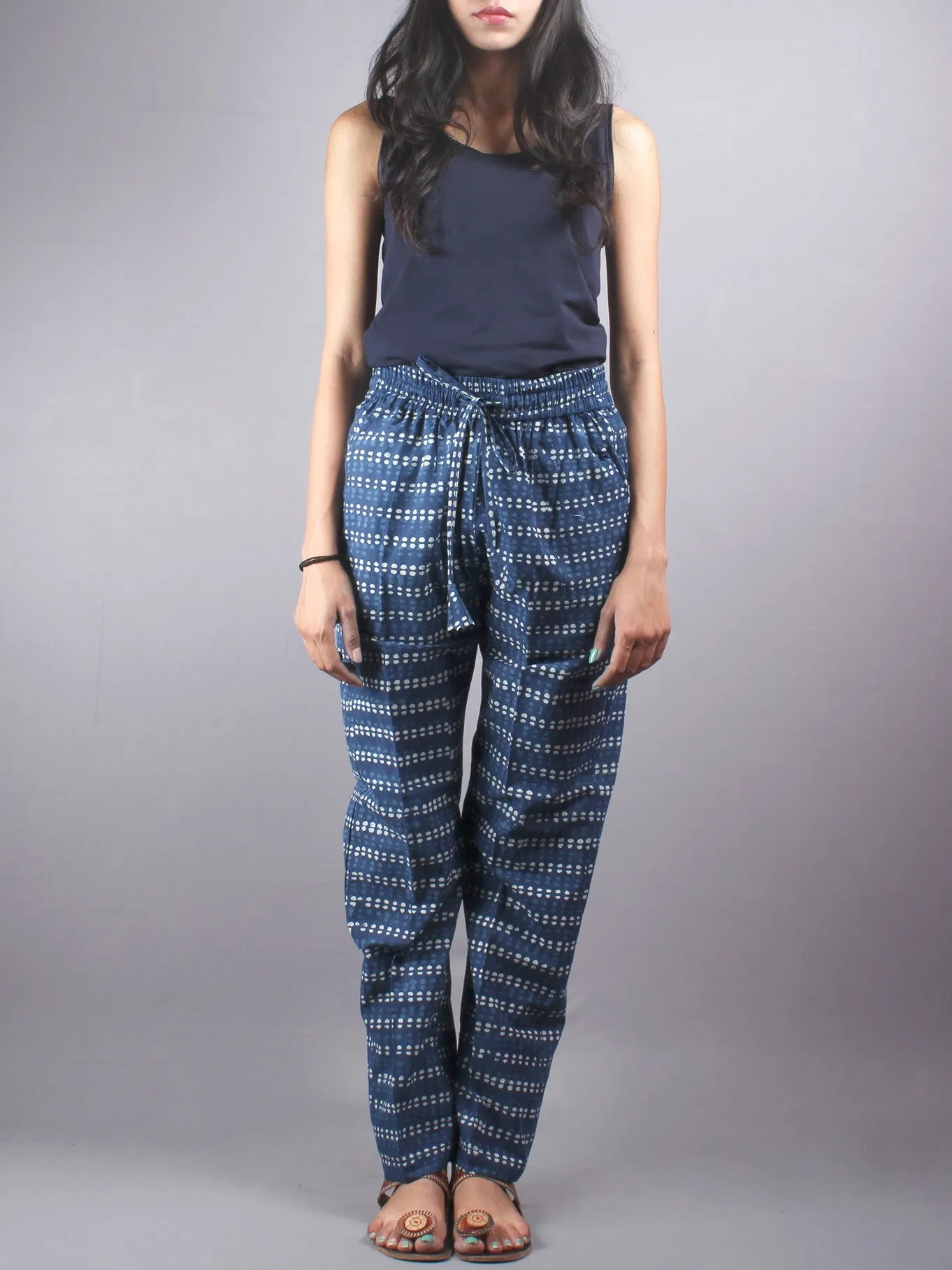 Indigo Hand Block Printed Elasticated Waist Trousers- T0317014