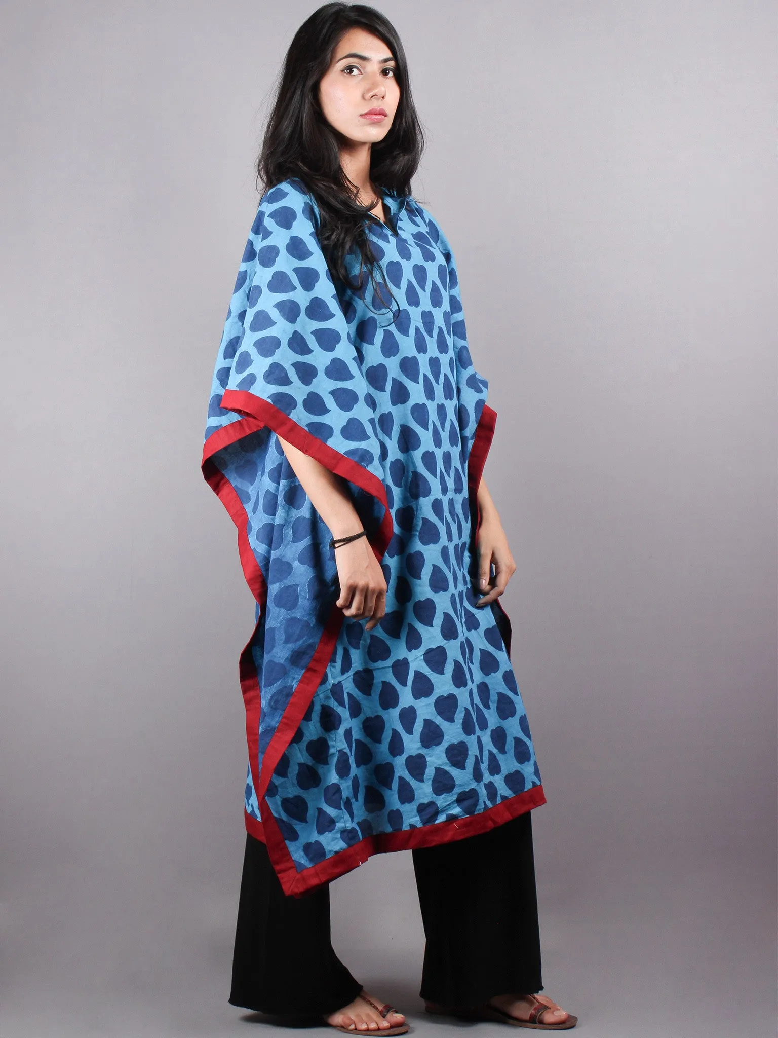 Indigo Hand Block Printed Kaftan with Red Border - K1157F03