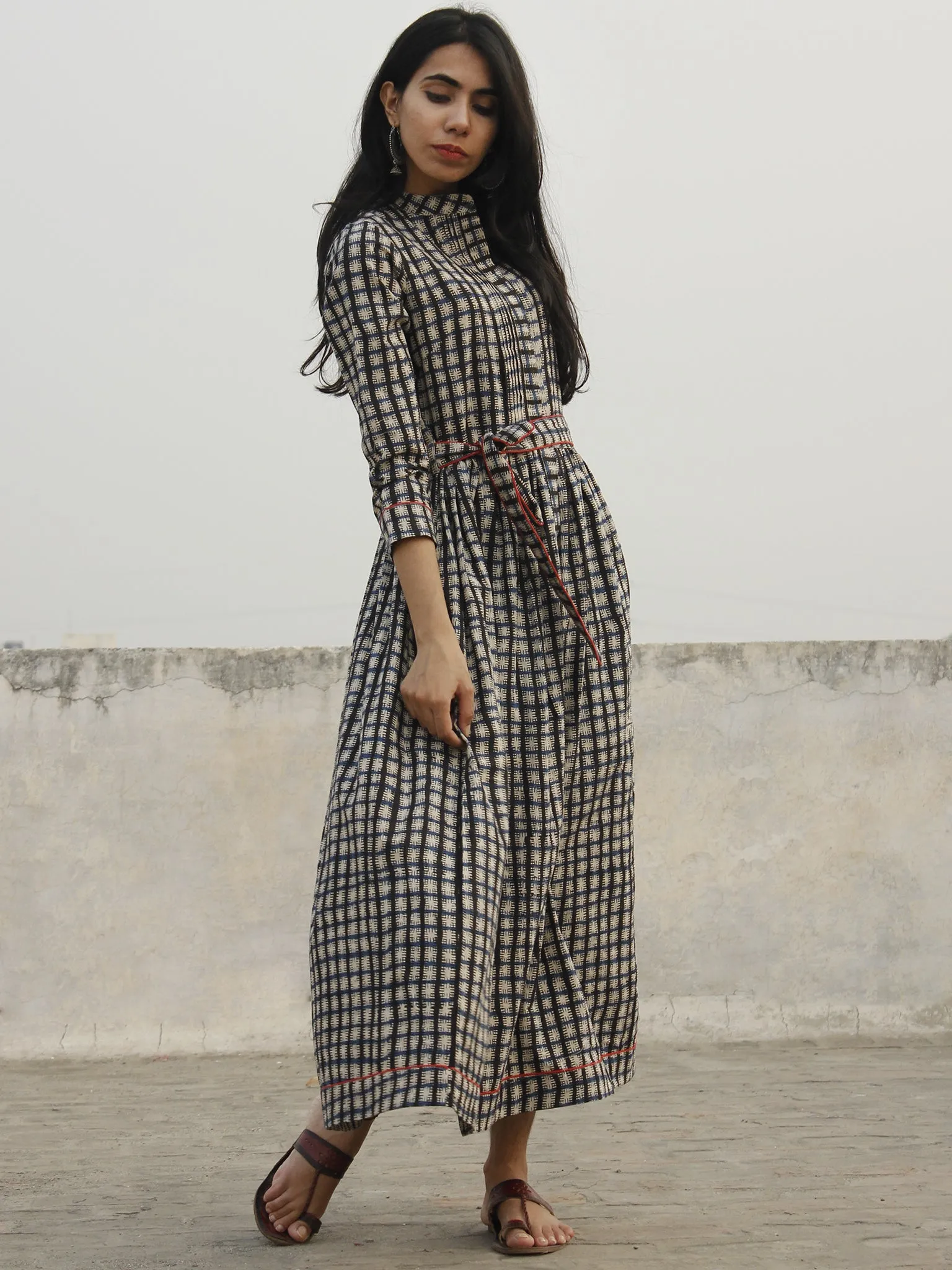 Indigo Ivory Black Long Hand Block Cotton Dress With Stand Collar   - D152F1082