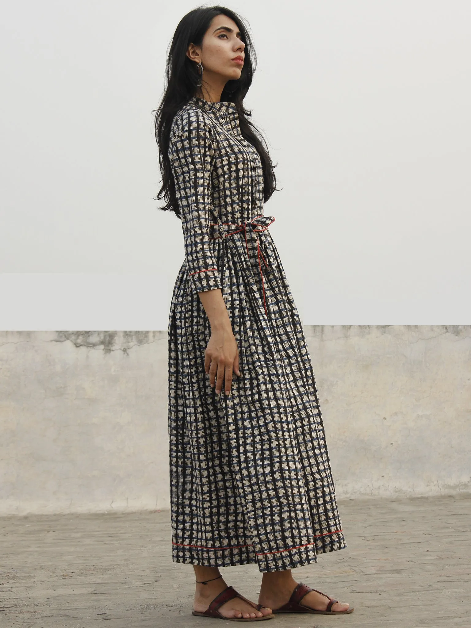 Indigo Ivory Black Long Hand Block Cotton Dress With Stand Collar   - D152F1082