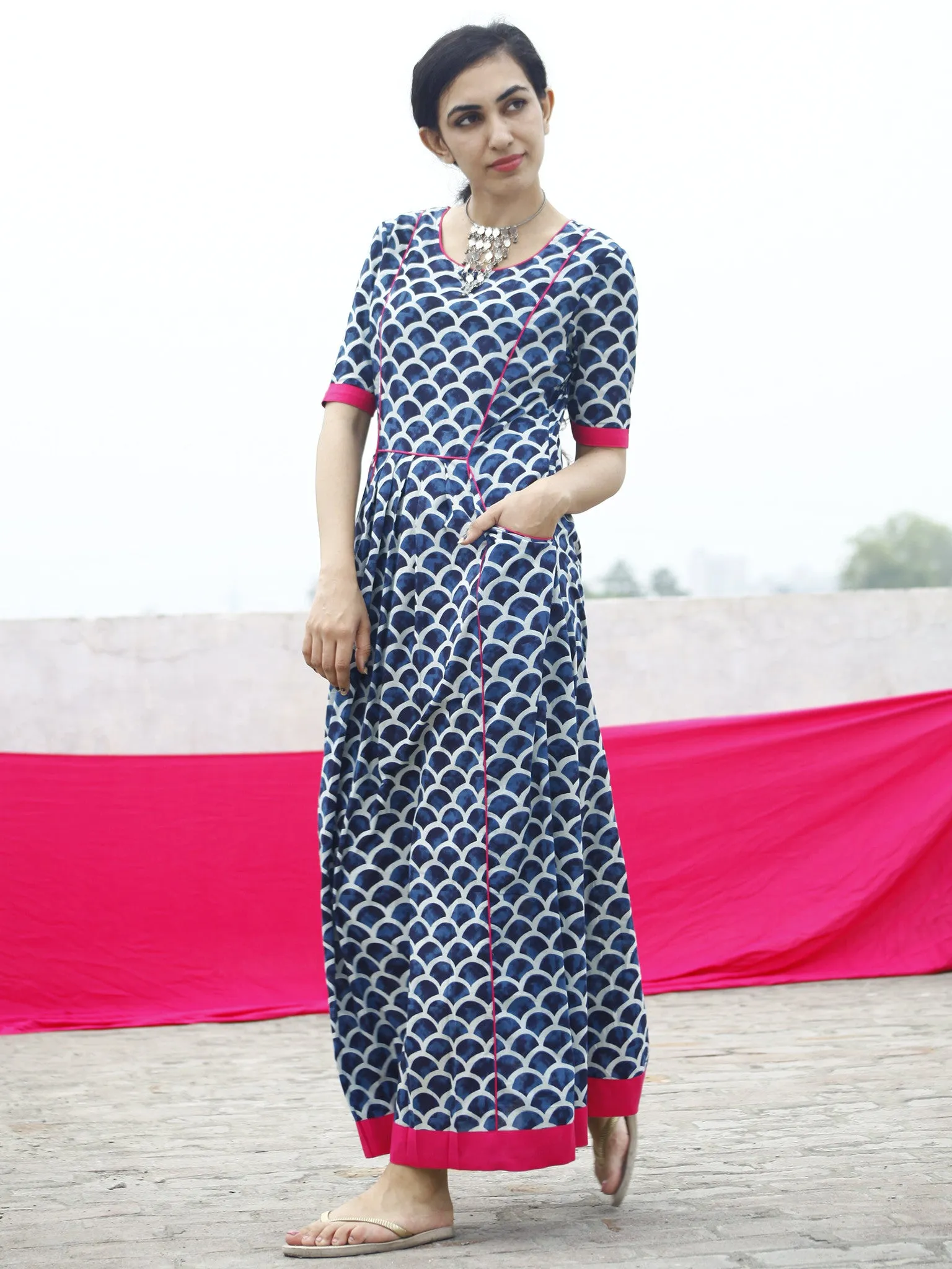 Indigo Ivory Fluorescent Pink Color Hand Block Ajrakh Printed Cotton Knife Pleated Dress - D23F870