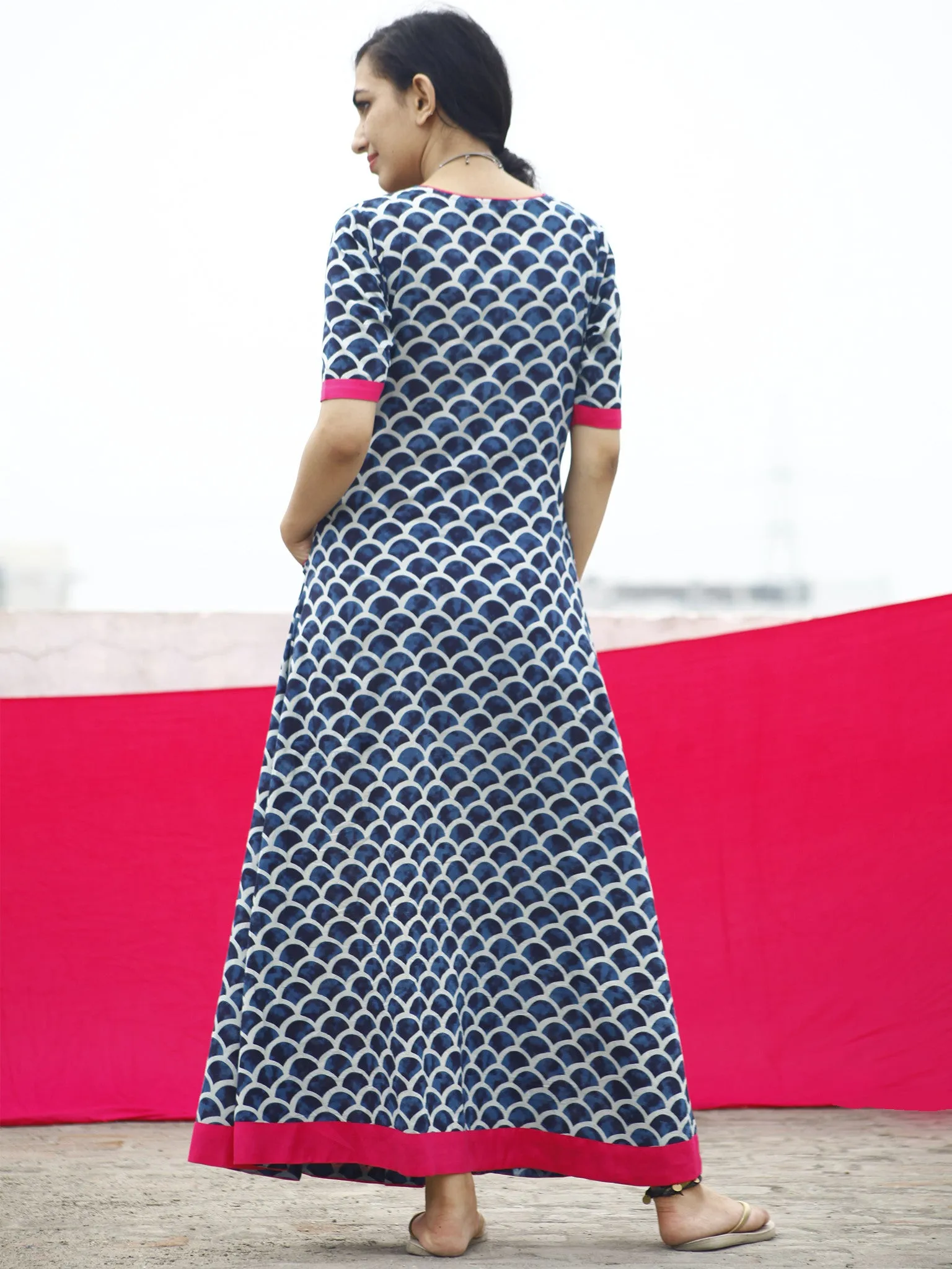 Indigo Ivory Fluorescent Pink Color Hand Block Ajrakh Printed Cotton Knife Pleated Dress - D23F870