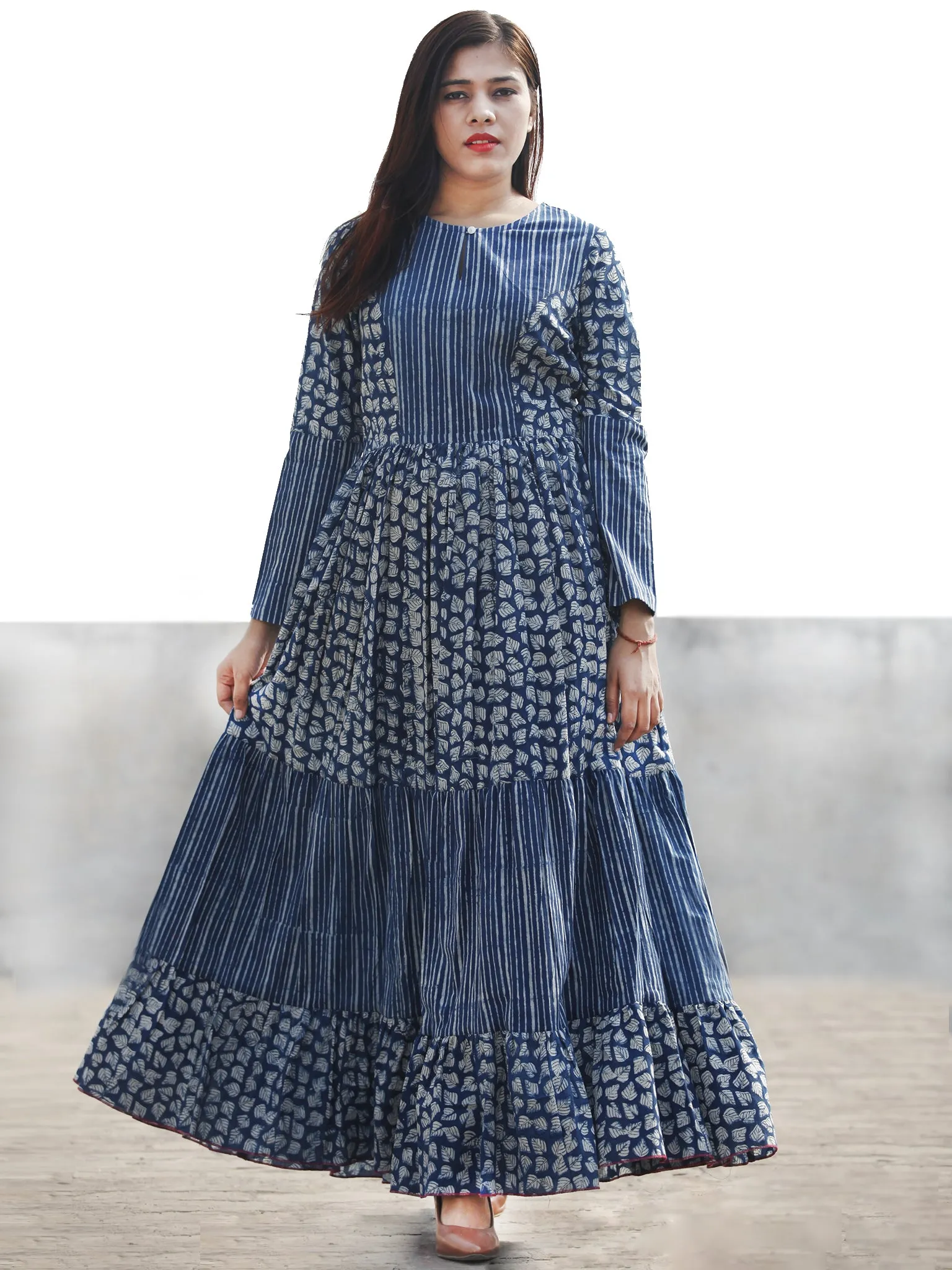 Indigo Ivory Long Hand Block Printed Long Cotton Tier Dress  - D139F1065