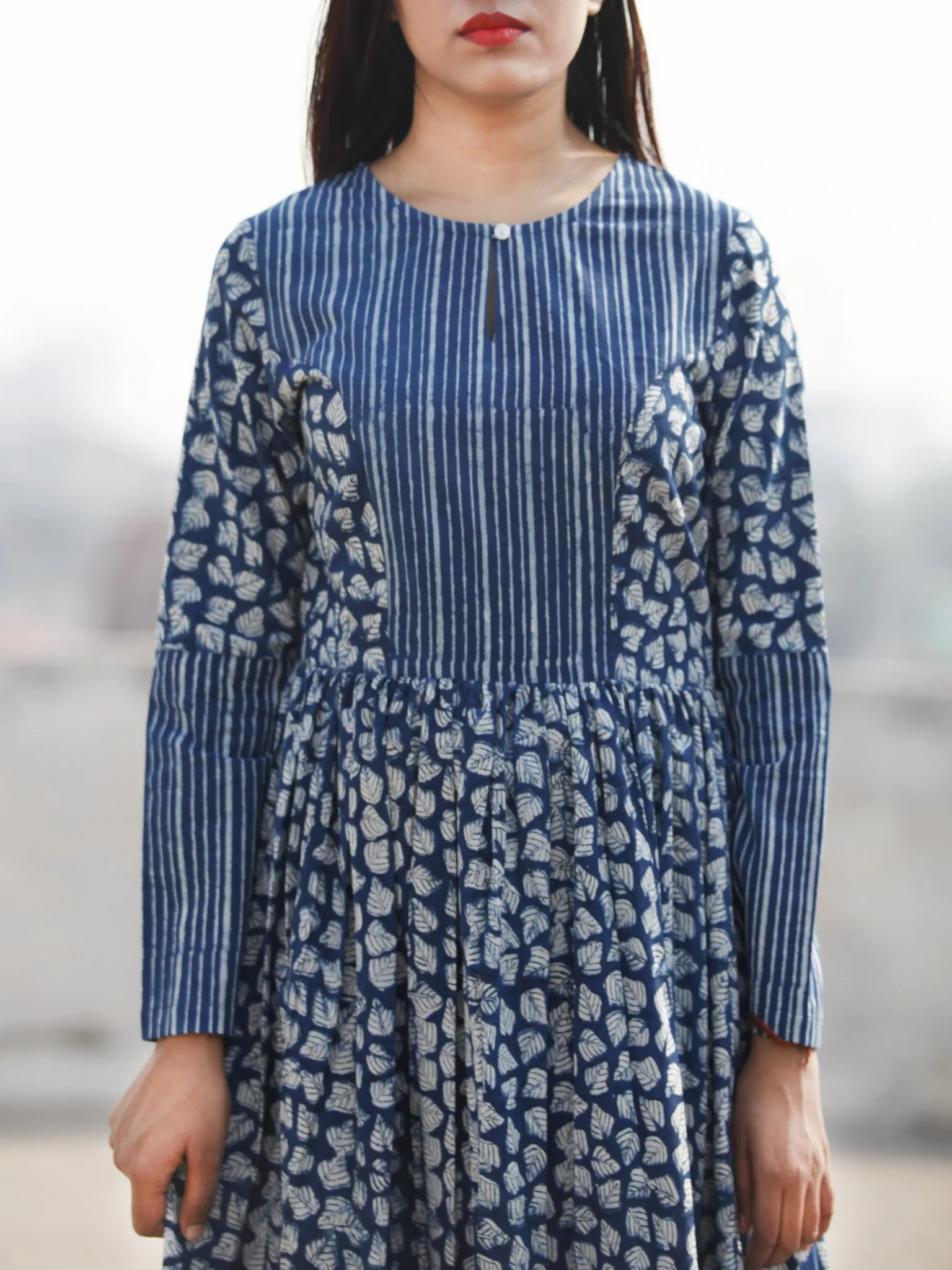 Indigo Ivory Long Hand Block Printed Long Cotton Tier Dress  - D139F1065