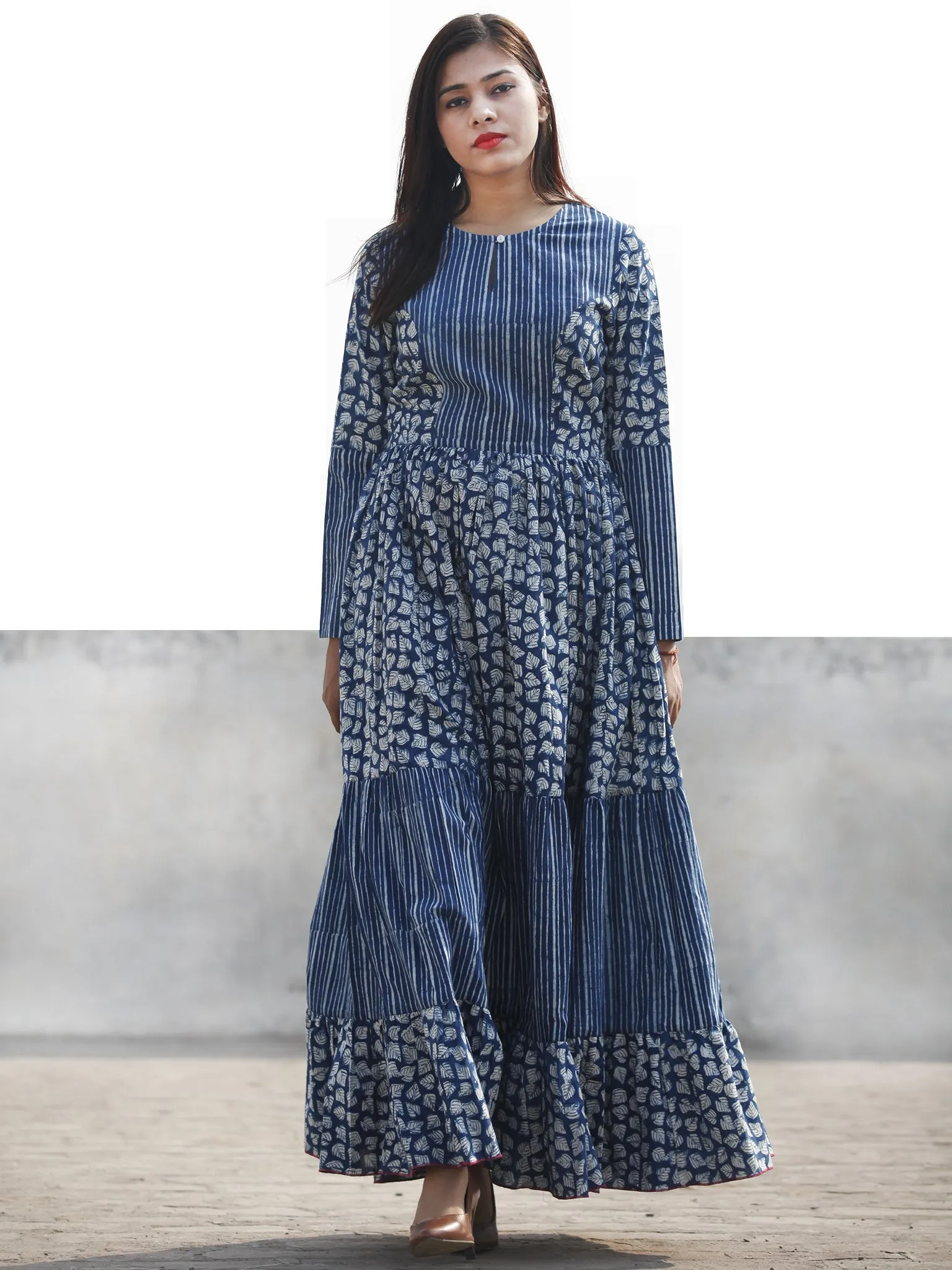 Indigo Ivory Long Hand Block Printed Long Cotton Tier Dress  - D139F1065