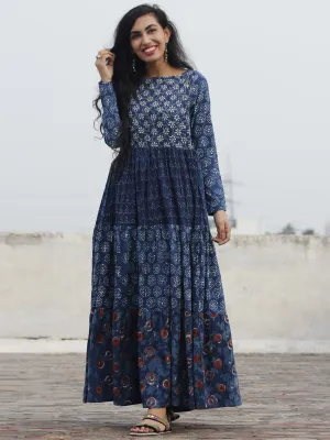 Indigo Ivory Rust Green Hand Block Printed Tier Dress  -  D95F203