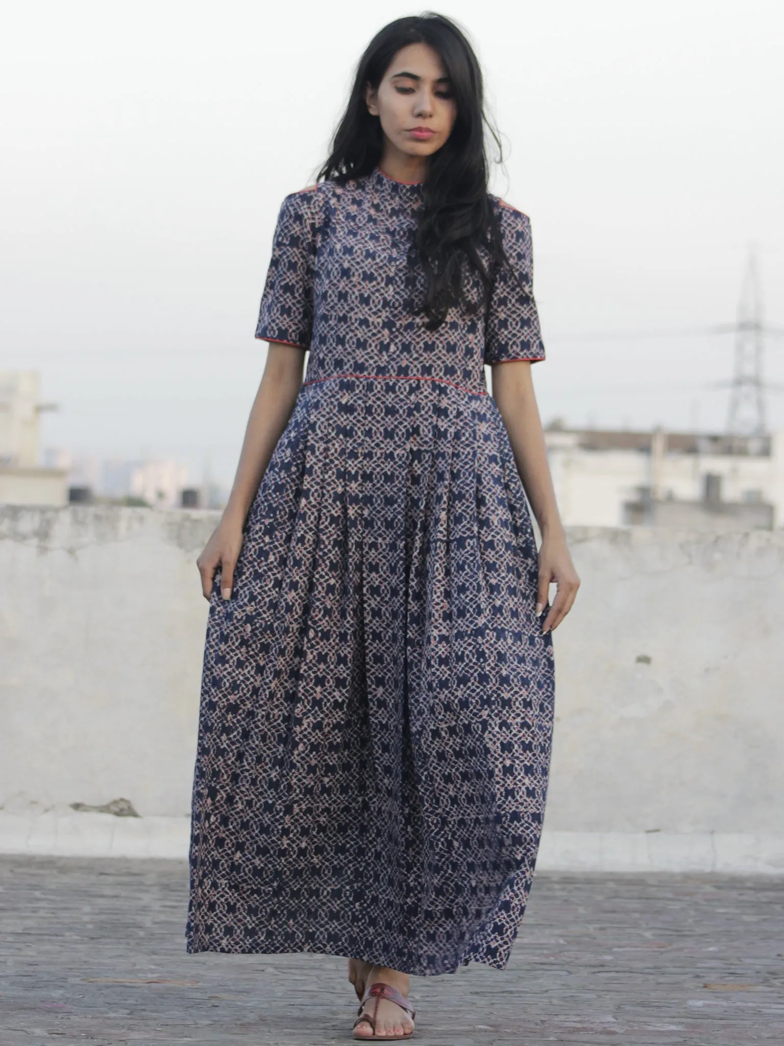 Indigo Ivory Rust Hand Block Cotton Dress With Cold Shoulder And Side Pockets -  D80F906