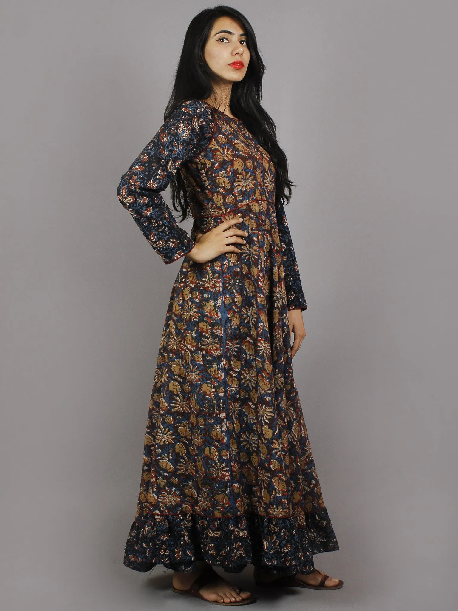 Indigo Maroon Black Brown White Hand Block Printed Long Cotton Dress With Gather - D0660216