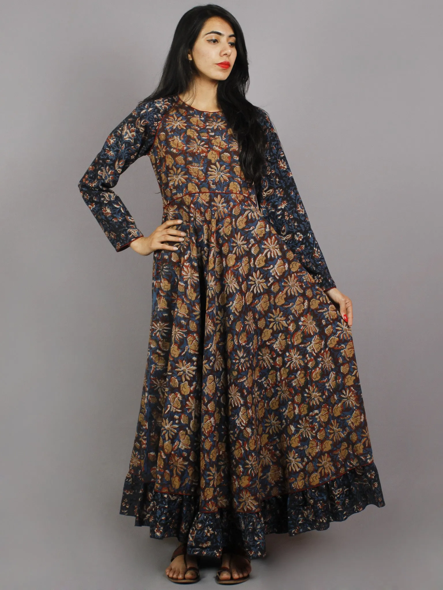 Indigo Maroon Black Brown White Hand Block Printed Long Cotton Dress With Gather - D0660216